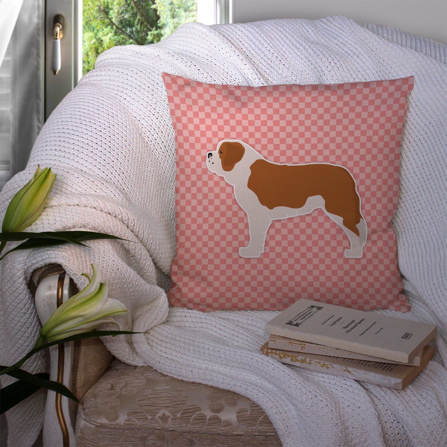 Saint Bernard Checkerboard Pink Fabric Decorative Pillow BB3676PW1414 - the-store.com