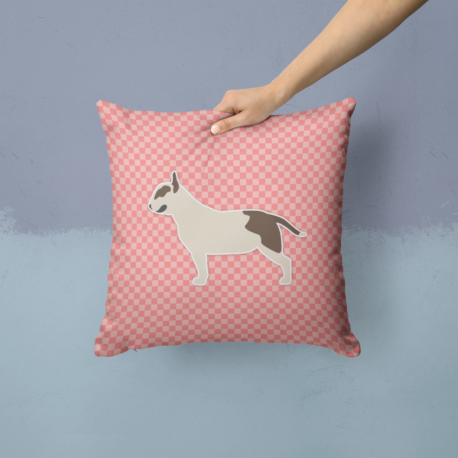 Bull Terrier Checkerboard Pink Fabric Decorative Pillow BB3678PW1414 - the-store.com