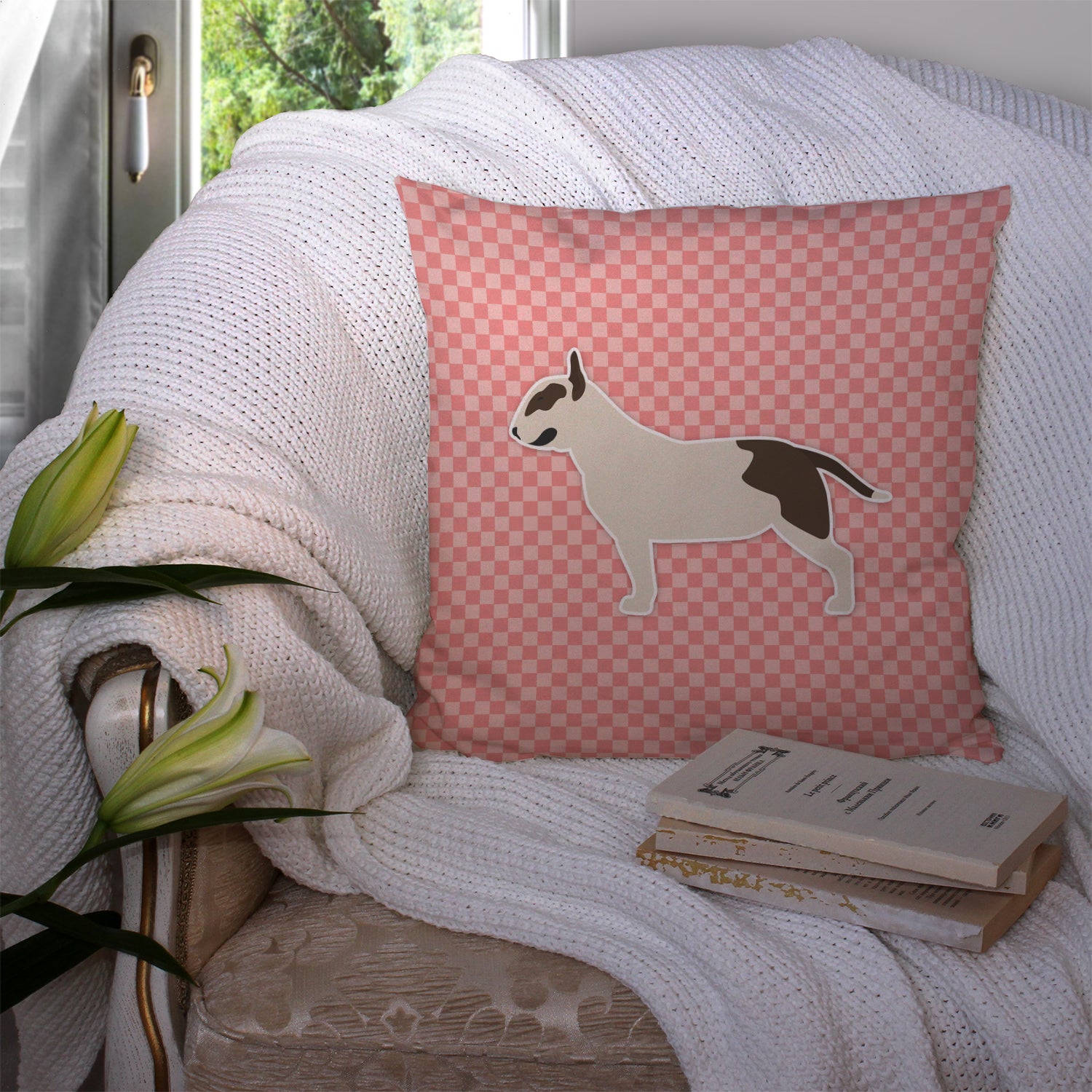 Bull Terrier Checkerboard Pink Fabric Decorative Pillow BB3678PW1414 - the-store.com