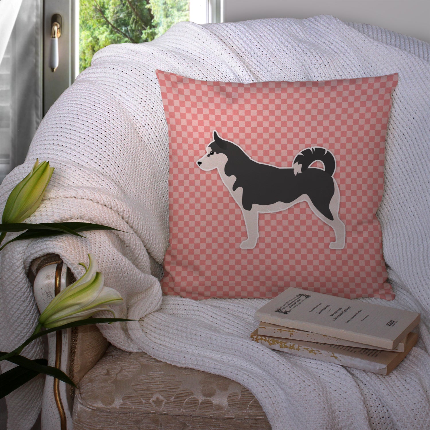 Siberian Husky Checkerboard Pink Fabric Decorative Pillow BB3680PW1414 - the-store.com