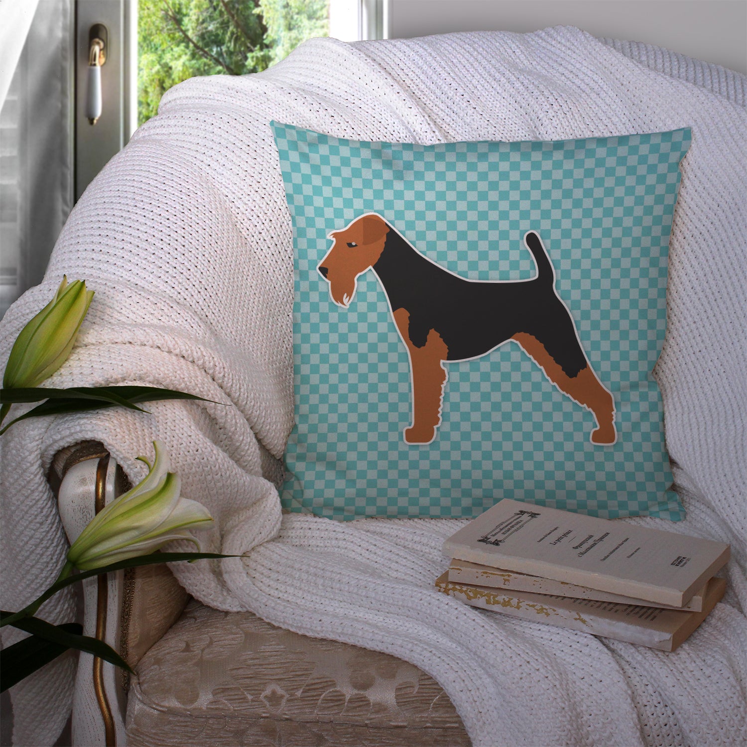 Welsh Terrier  Checkerboard Blue Fabric Decorative Pillow BB3685PW1414 - the-store.com
