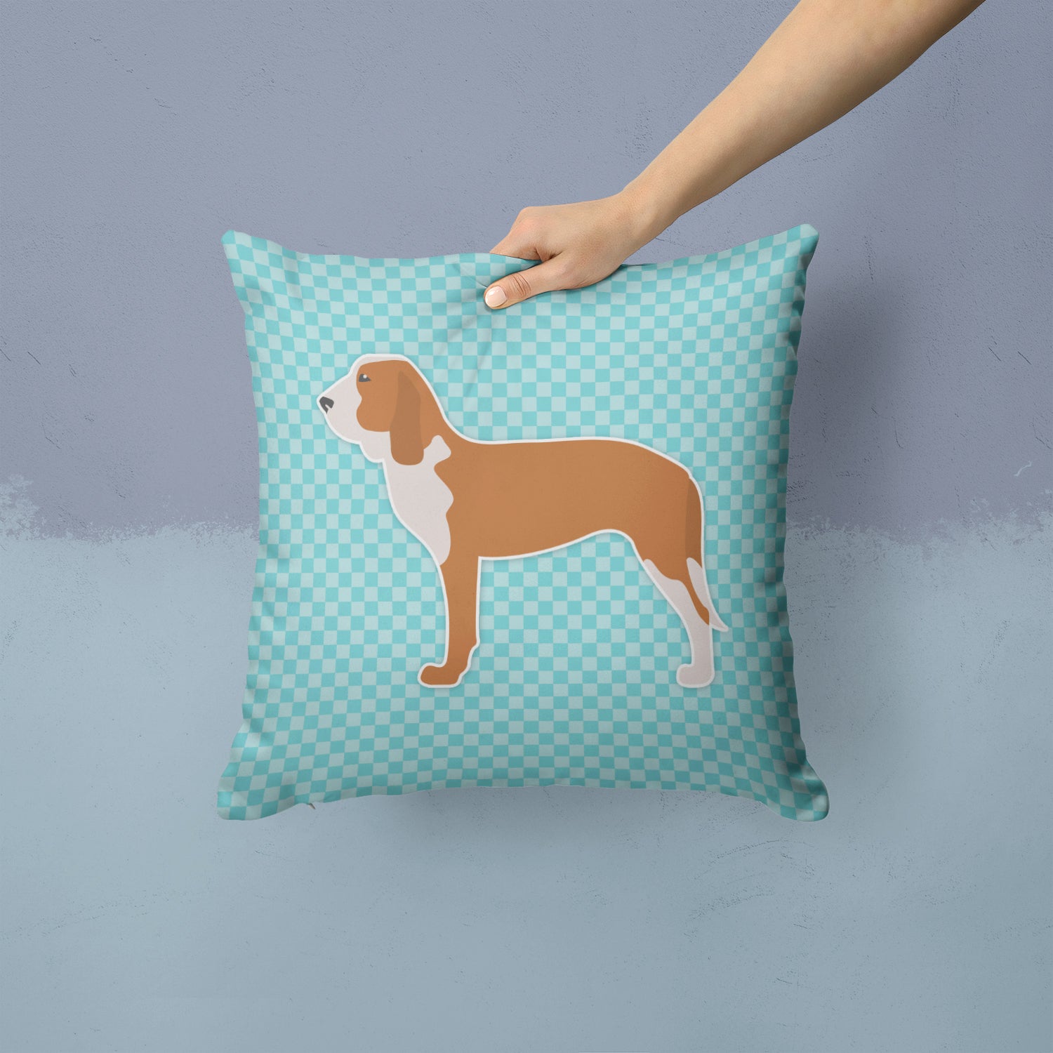 Spanish Hound  Checkerboard Blue Fabric Decorative Pillow BB3691PW1414 - the-store.com