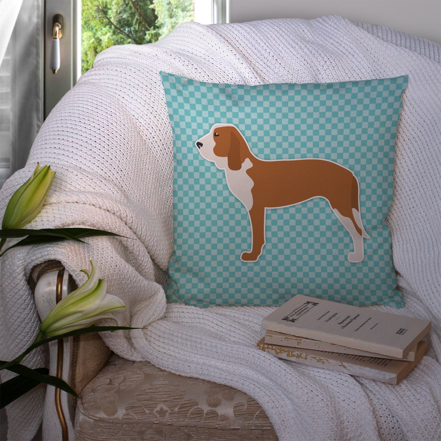 Spanish Hound  Checkerboard Blue Fabric Decorative Pillow BB3691PW1414 - the-store.com