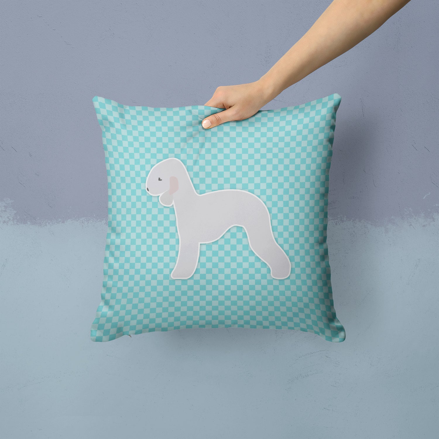 Bedlington Terrier  Checkerboard Blue Fabric Decorative Pillow BB3694PW1414 - the-store.com