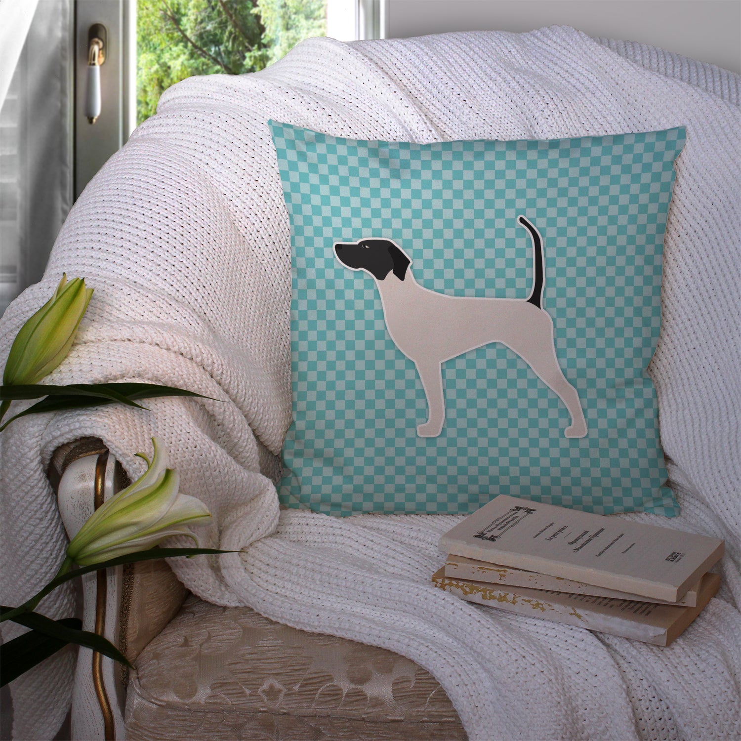 English Pointer  Checkerboard Blue Fabric Decorative Pillow BB3695PW1414 - the-store.com