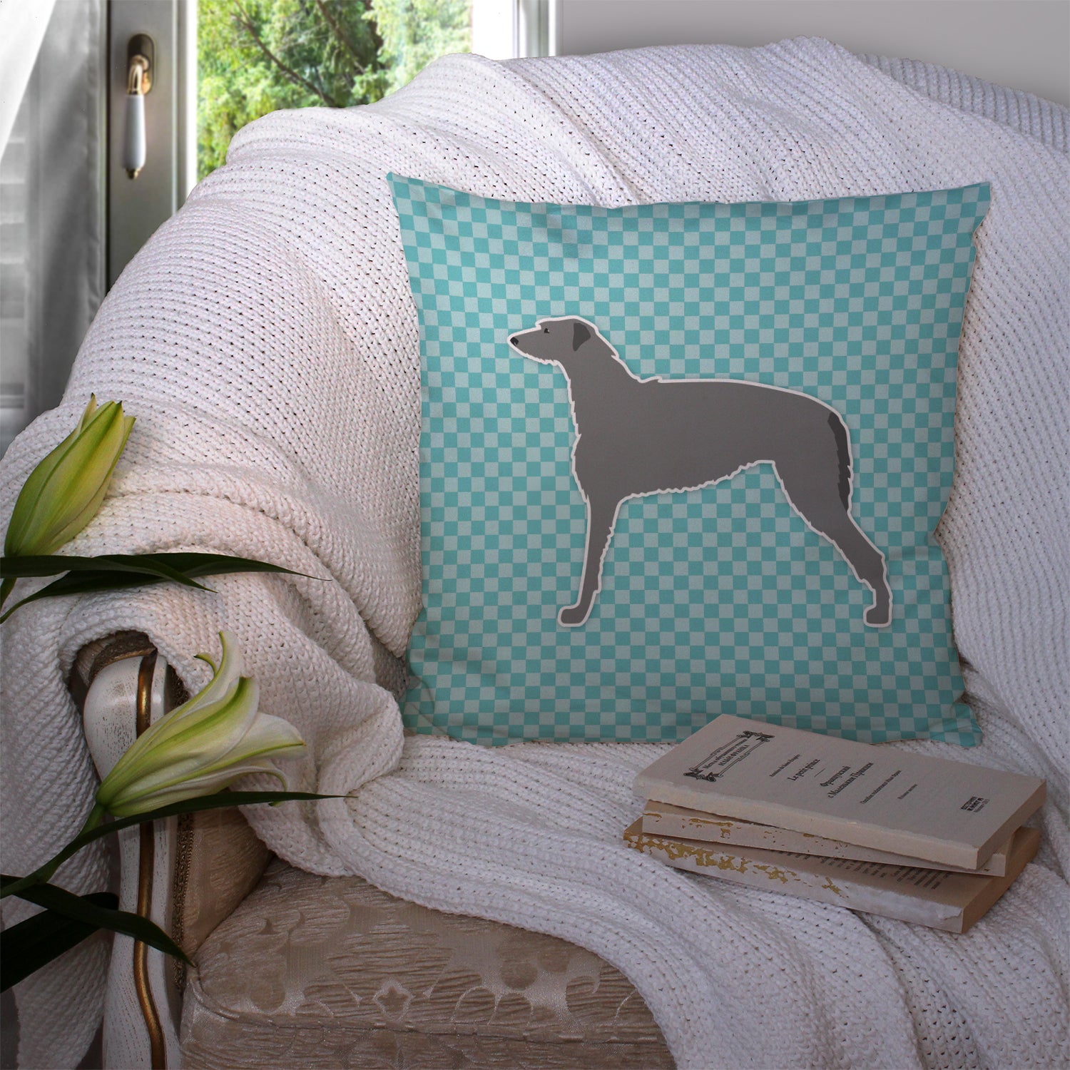 Scottish Deerhound  Checkerboard Blue Fabric Decorative Pillow BB3696PW1414 - the-store.com