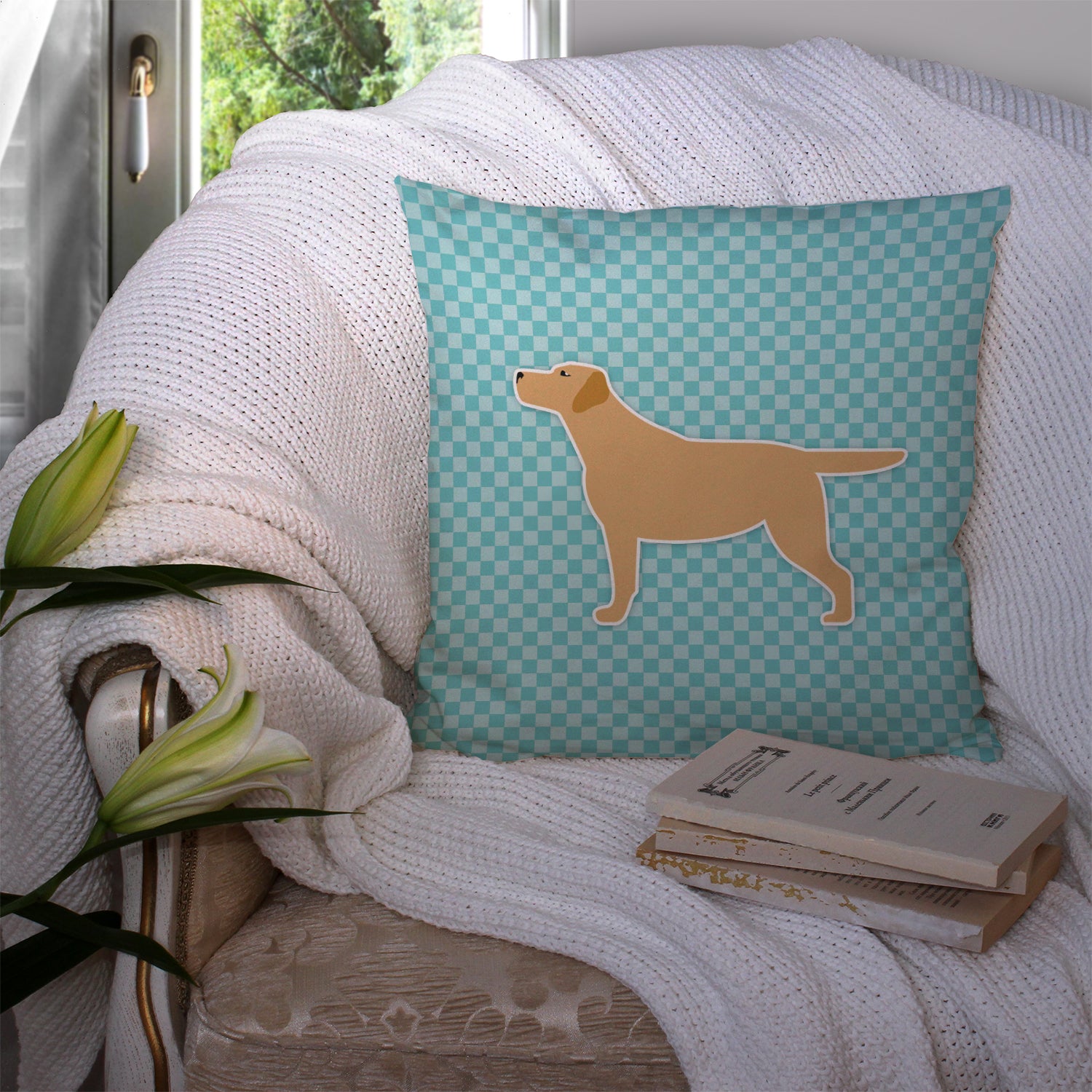 Yellow Labrador Retriever  Checkerboard Blue Fabric Decorative Pillow BB3697PW1414 - the-store.com