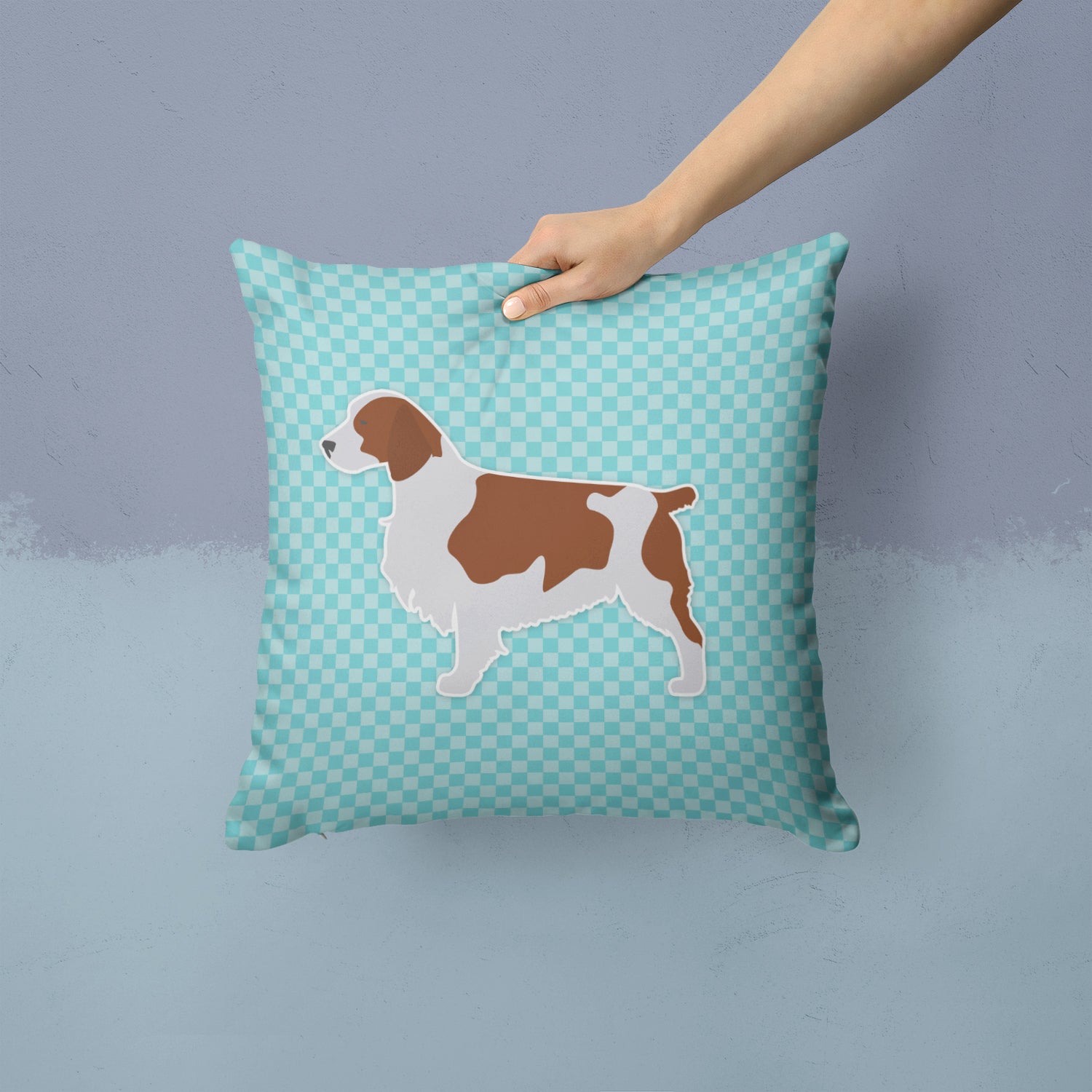 Welsh Springer Spaniel  Checkerboard Blue Fabric Decorative Pillow BB3700PW1414 - the-store.com