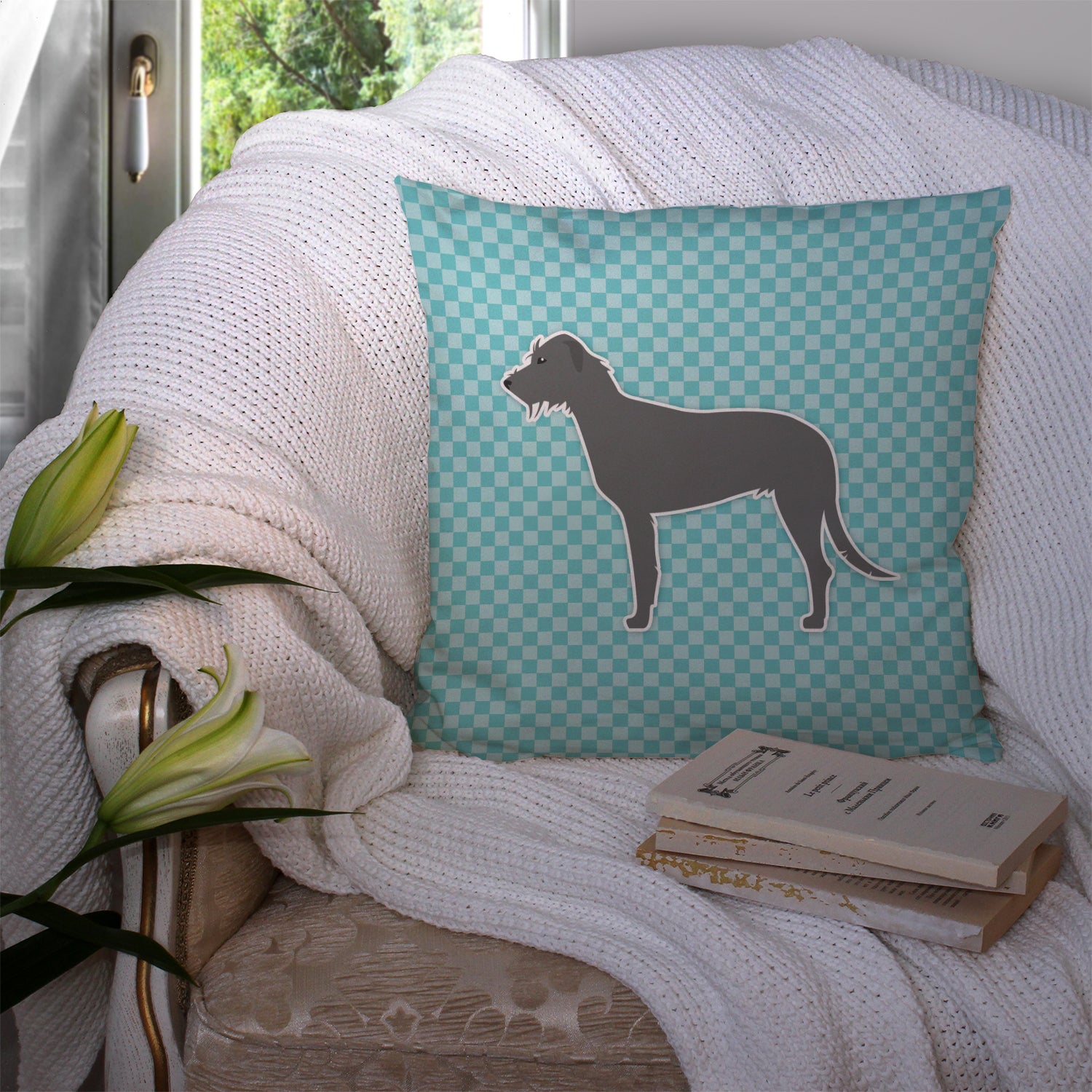 Irish Wolfhound  Checkerboard Blue Fabric Decorative Pillow BB3703PW1414 - the-store.com