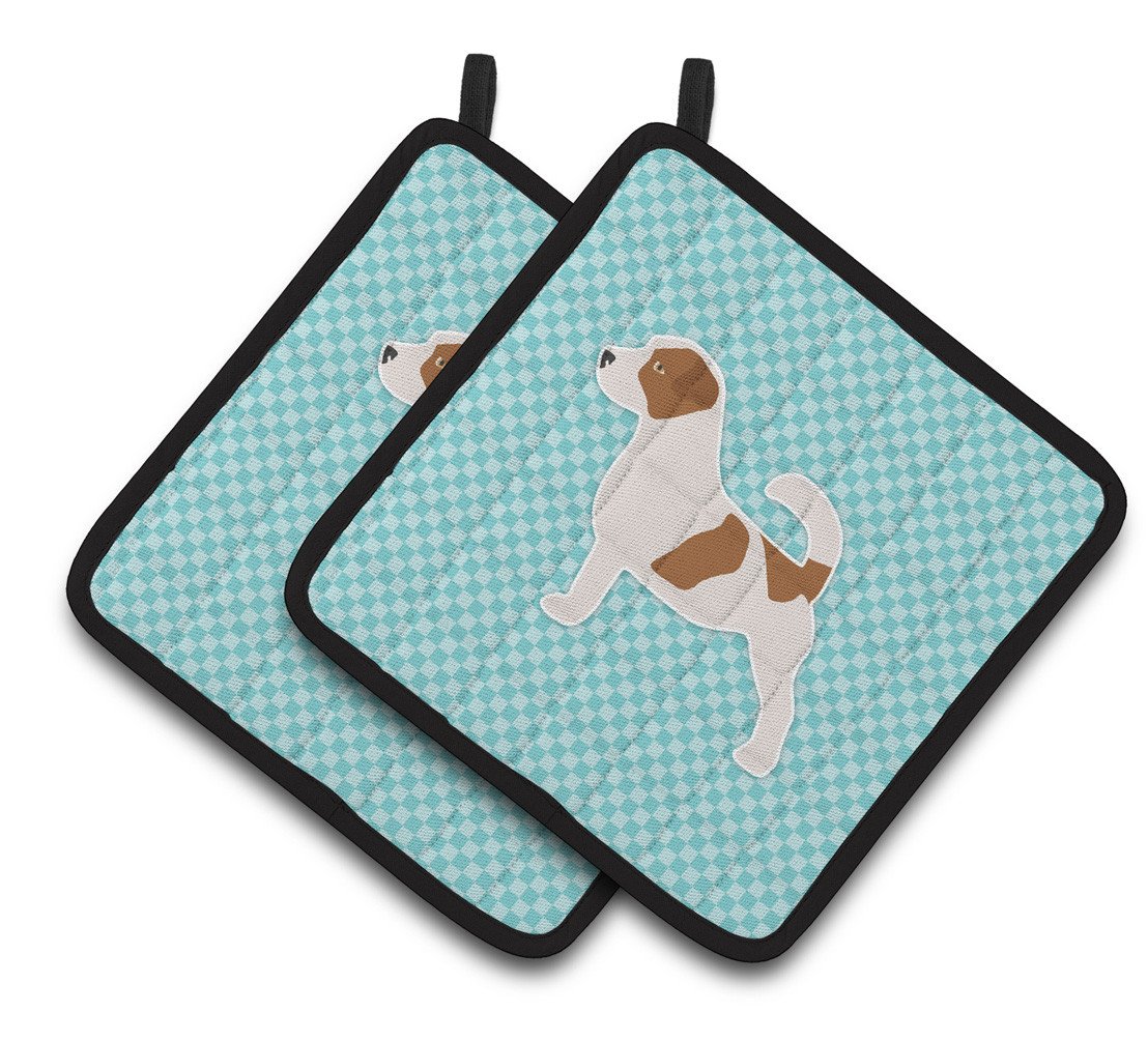 Jack Russell Terrier  Checkerboard Blue Pair of Pot Holders BB3707PTHD by Caroline&#39;s Treasures