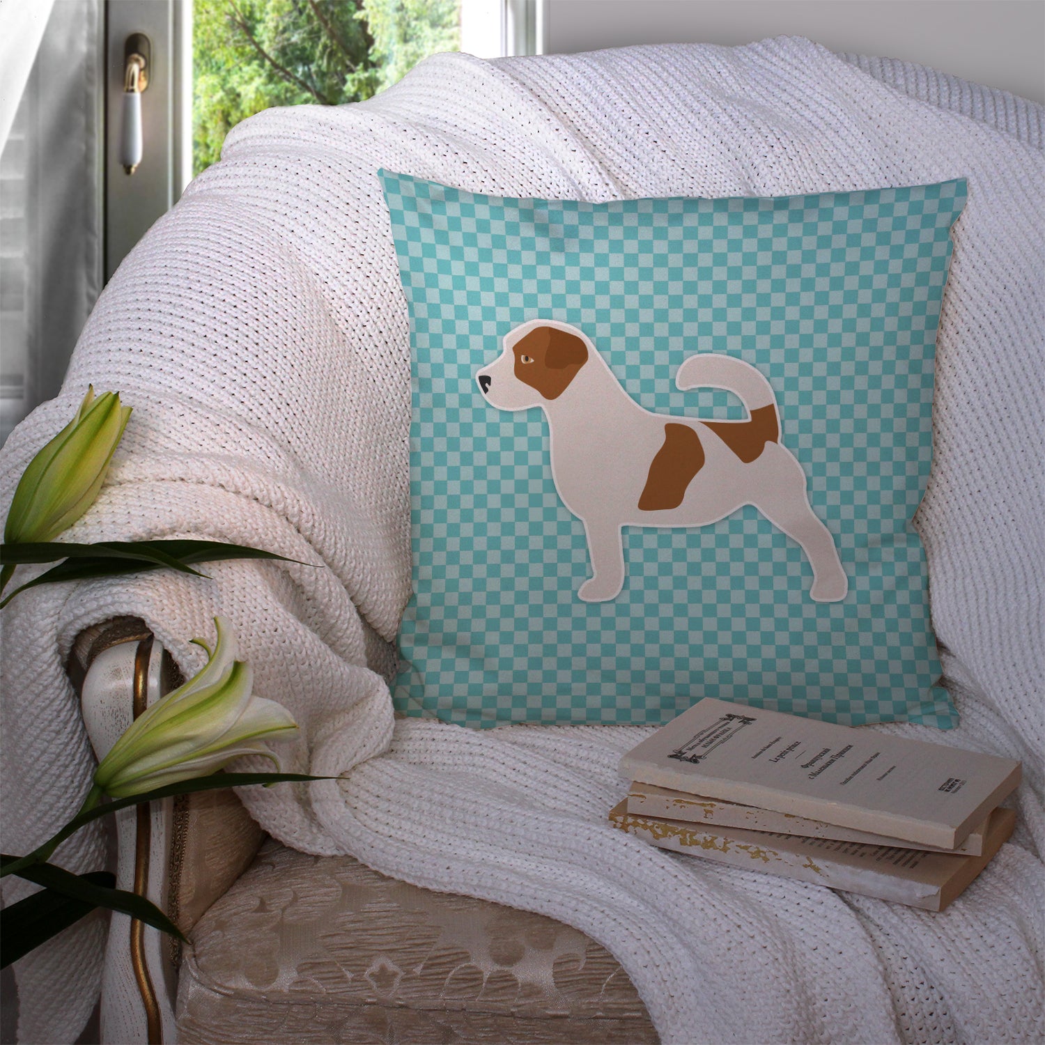 Jack Russell Terrier  Checkerboard Blue Fabric Decorative Pillow BB3707PW1414 - the-store.com