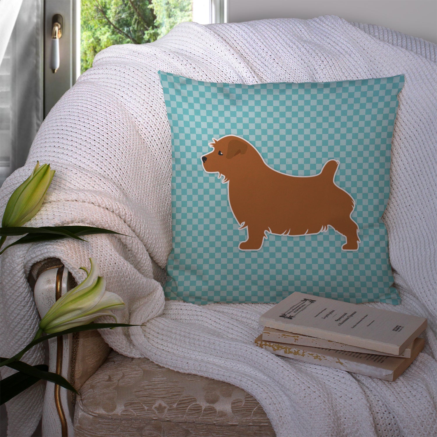 Norfolk Terrier  Checkerboard Blue Fabric Decorative Pillow BB3709PW1414 - the-store.com