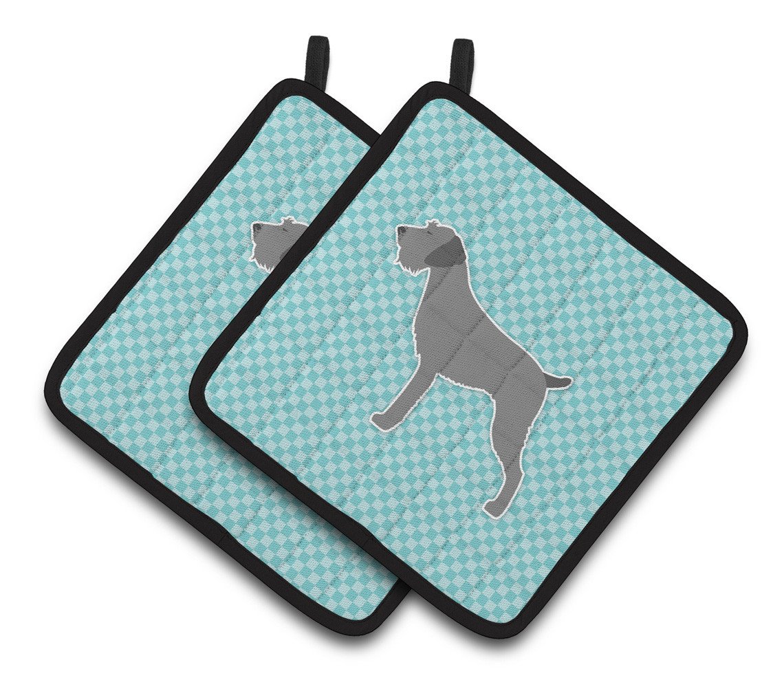 German Wirehaired Pointer Checkerboard Blue Pair of Pot Holders BB3711PTHD by Caroline&#39;s Treasures