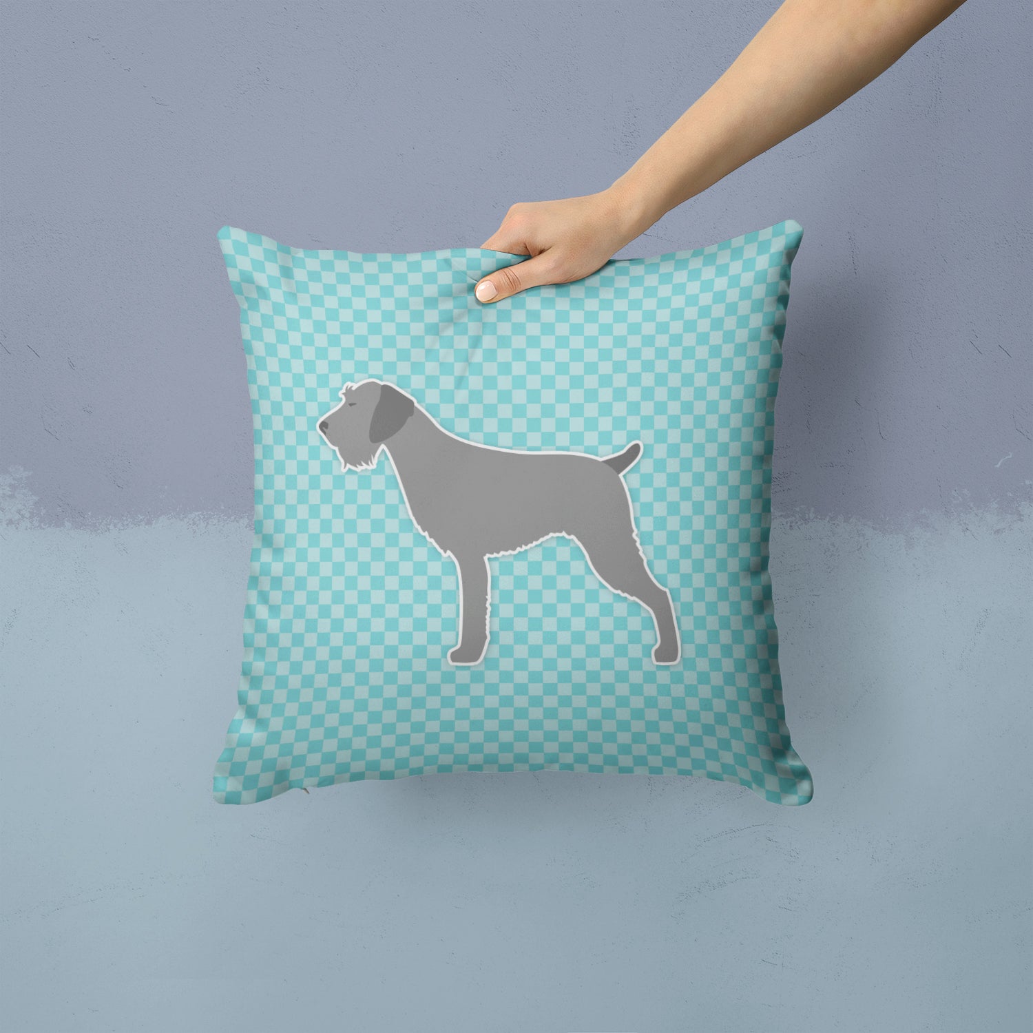 German Wirehaired Pointer Checkerboard Blue Fabric Decorative Pillow BB3711PW1414 - the-store.com