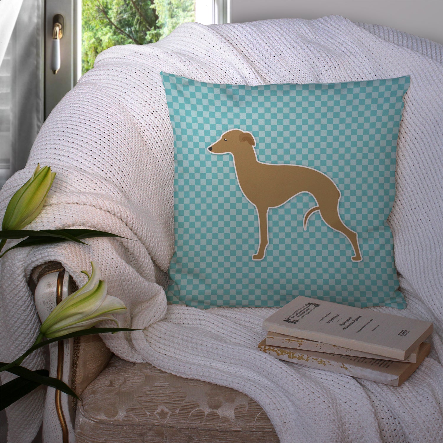 Italian Greyhound Checkerboard Blue Fabric Decorative Pillow BB3714PW1414 - the-store.com