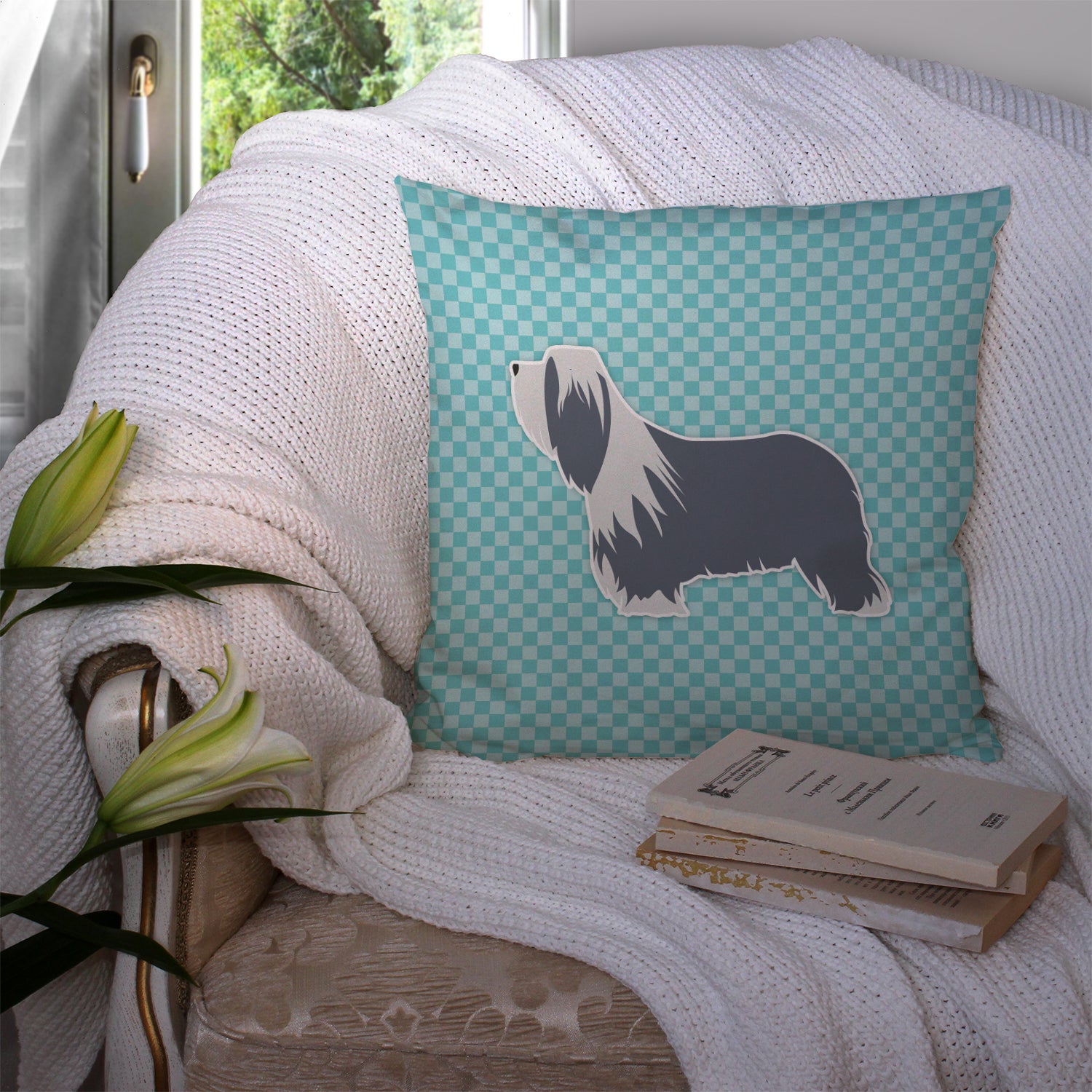 Bearded Collie Checkerboard Blue Fabric Decorative Pillow BB3717PW1414 - the-store.com