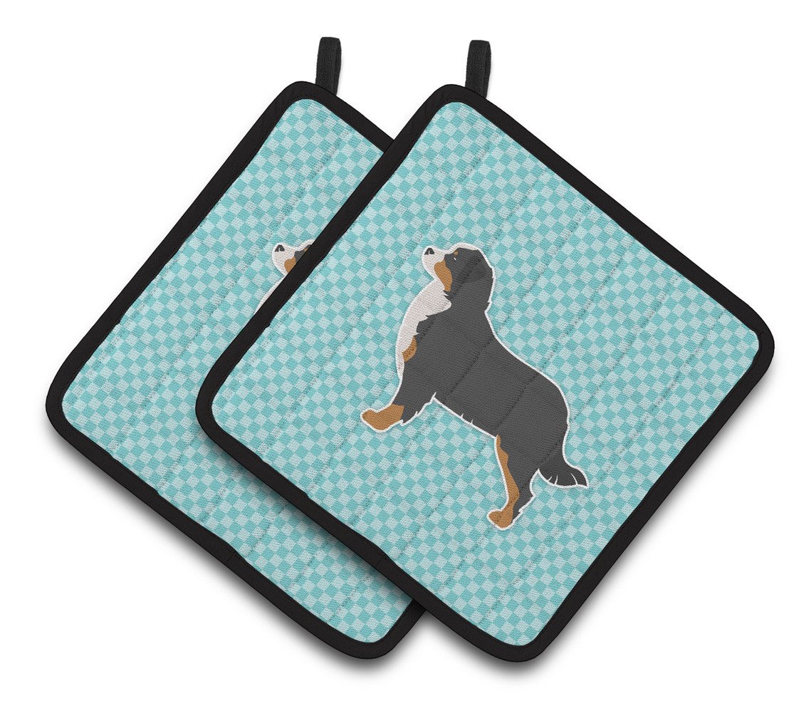 Bernese Mountain Dog Checkerboard Blue Pair of Pot Holders BB3719PTHD by Caroline&#39;s Treasures