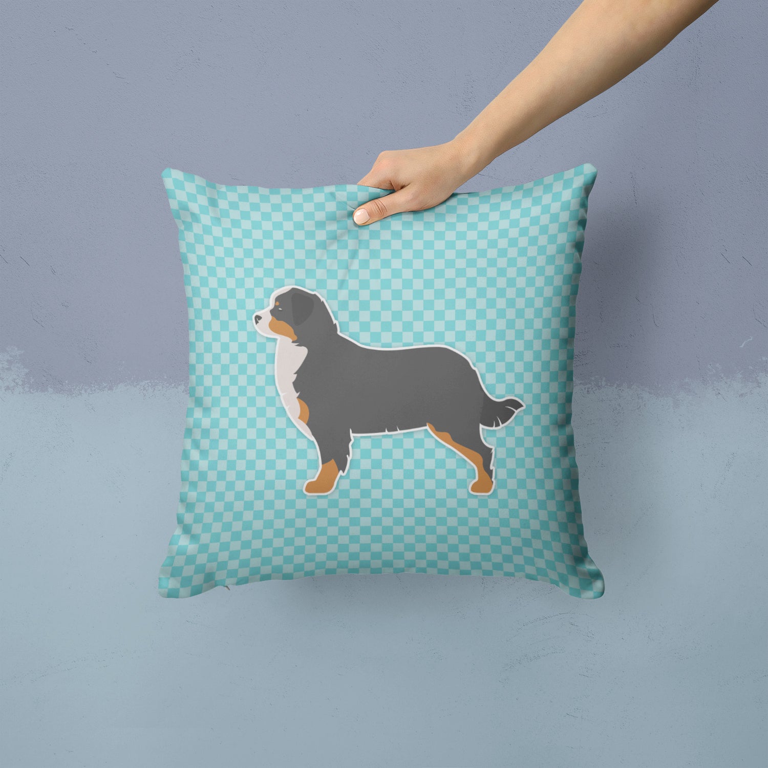 Bernese Mountain Dog Checkerboard Blue Fabric Decorative Pillow BB3719PW1414 - the-store.com