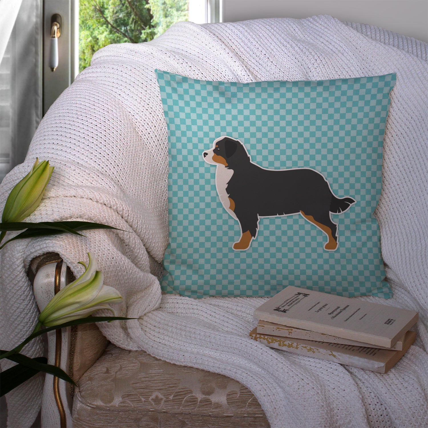 Bernese Mountain Dog Checkerboard Blue Fabric Decorative Pillow BB3719PW1414 - the-store.com