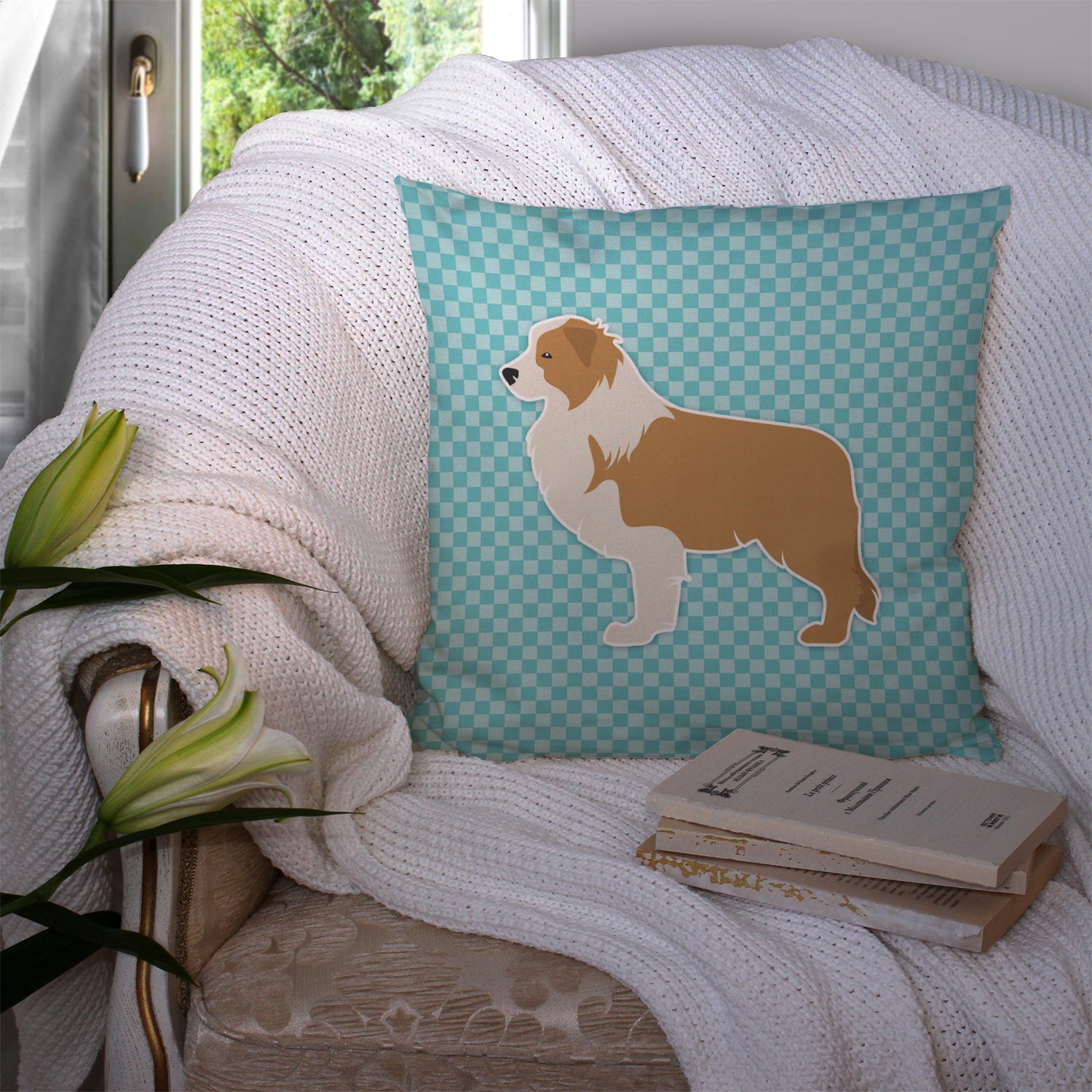 Red Border Collie Checkerboard Blue Fabric Decorative Pillow BB3722PW1414 - the-store.com