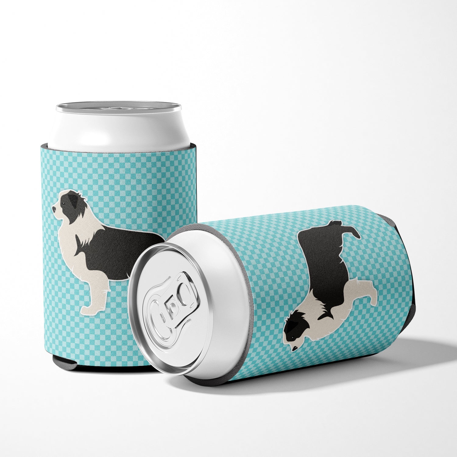 Black Border Collie Checkerboard Blue Can or Bottle Hugger BB3723CC  the-store.com.