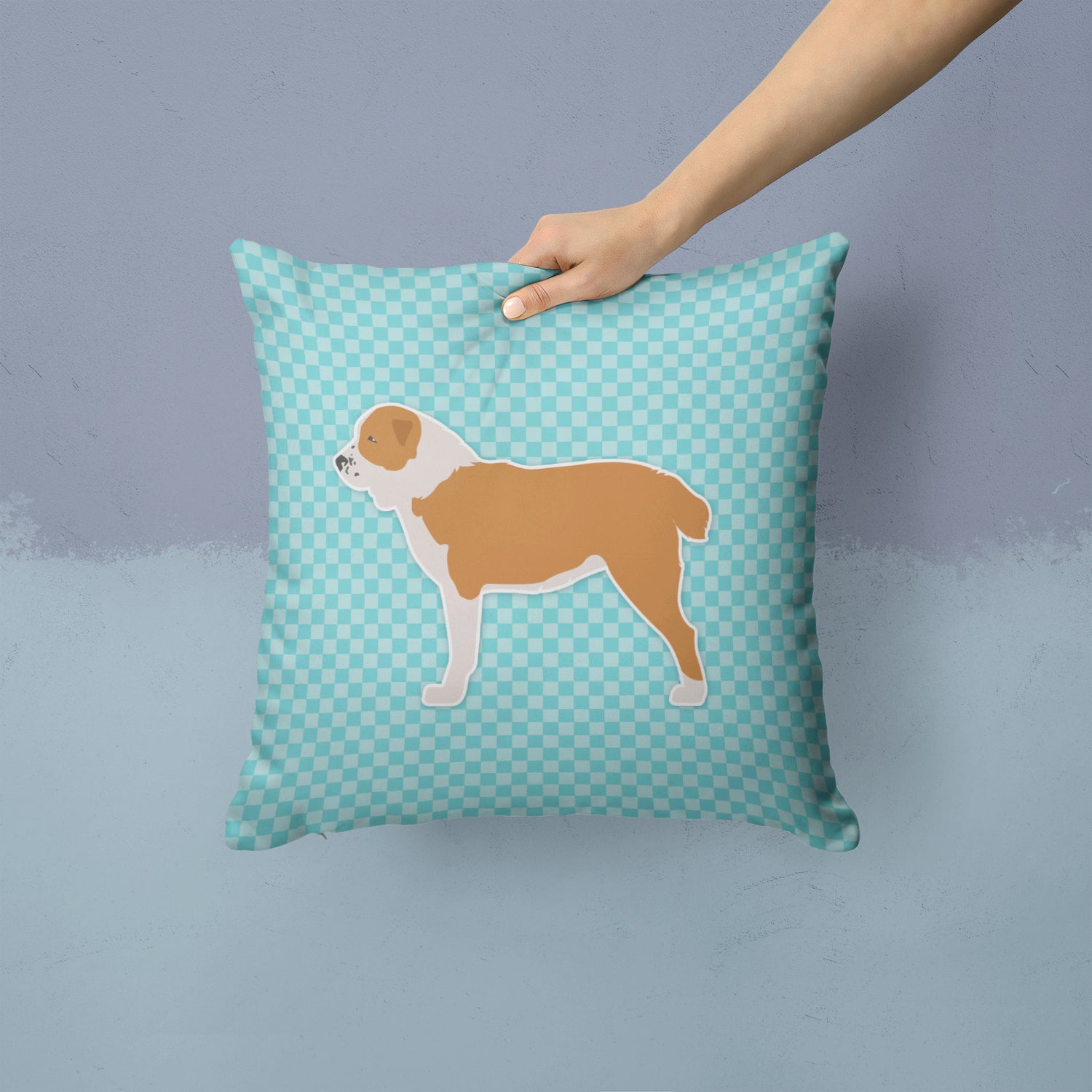 Central Asian Shepherd Dog Checkerboard Blue Fabric Decorative Pillow BB3728PW1414 - the-store.com