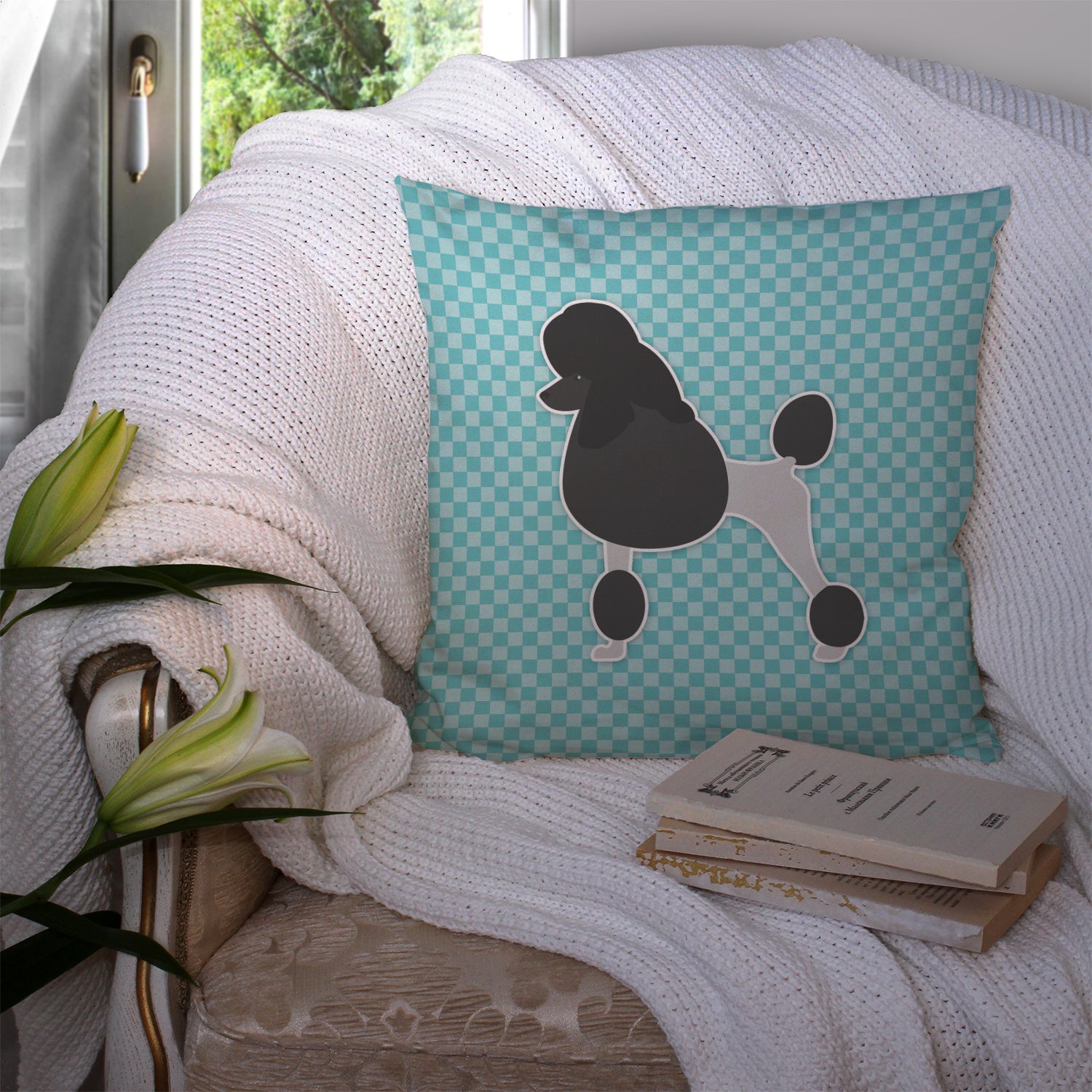Poodle Checkerboard Blue Fabric Decorative Pillow BB3739PW1414 - the-store.com