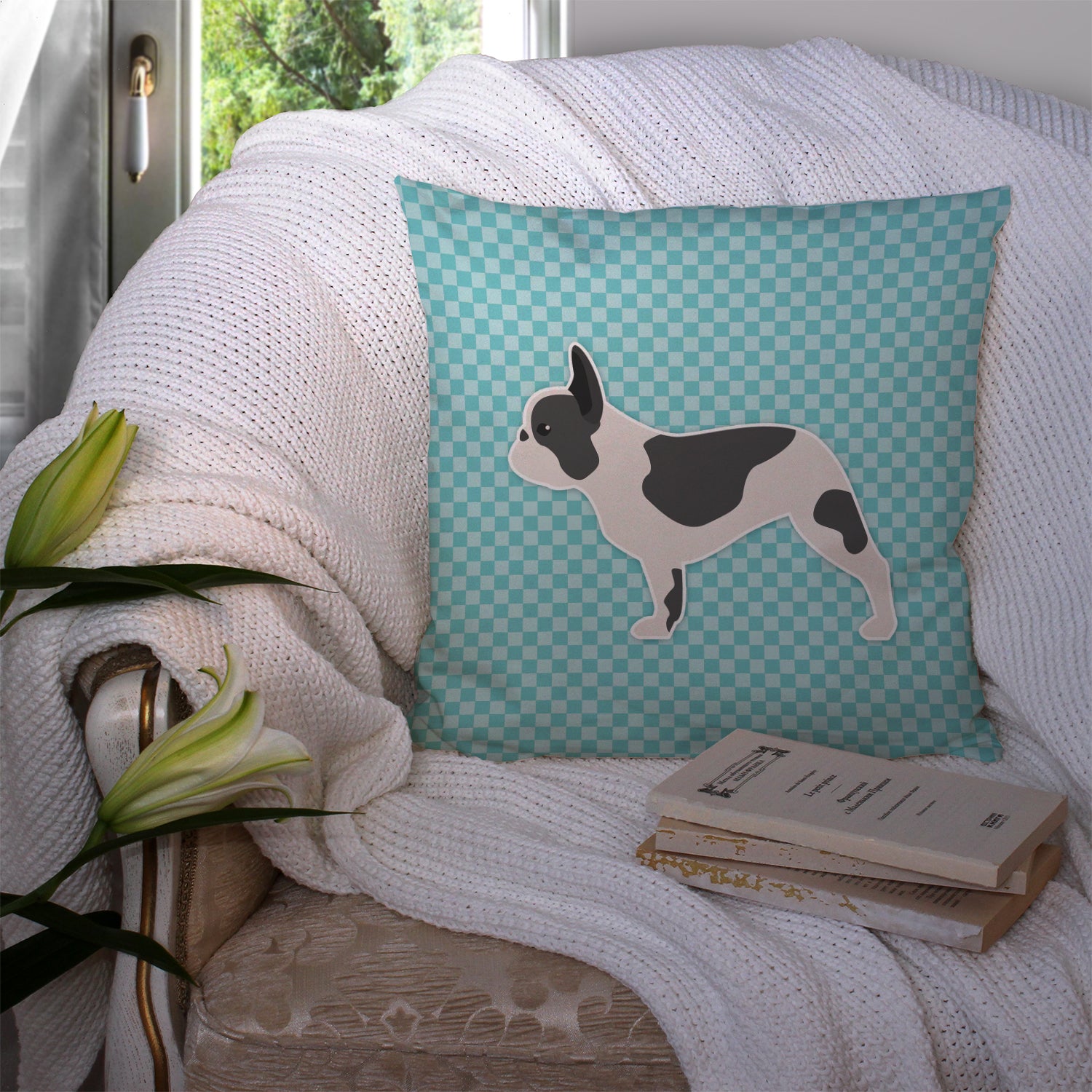 French Bulldog Checkerboard Blue Fabric Decorative Pillow BB3741PW1414 - the-store.com