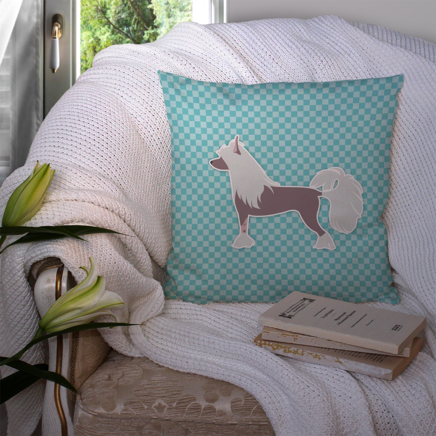 Chinese Crested Checkerboard Blue Fabric Decorative Pillow BB3743PW1414 - the-store.com
