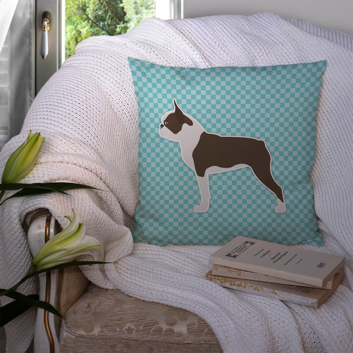 Boston Terrier Checkerboard Blue Fabric Decorative Pillow BB3744PW1414 - the-store.com