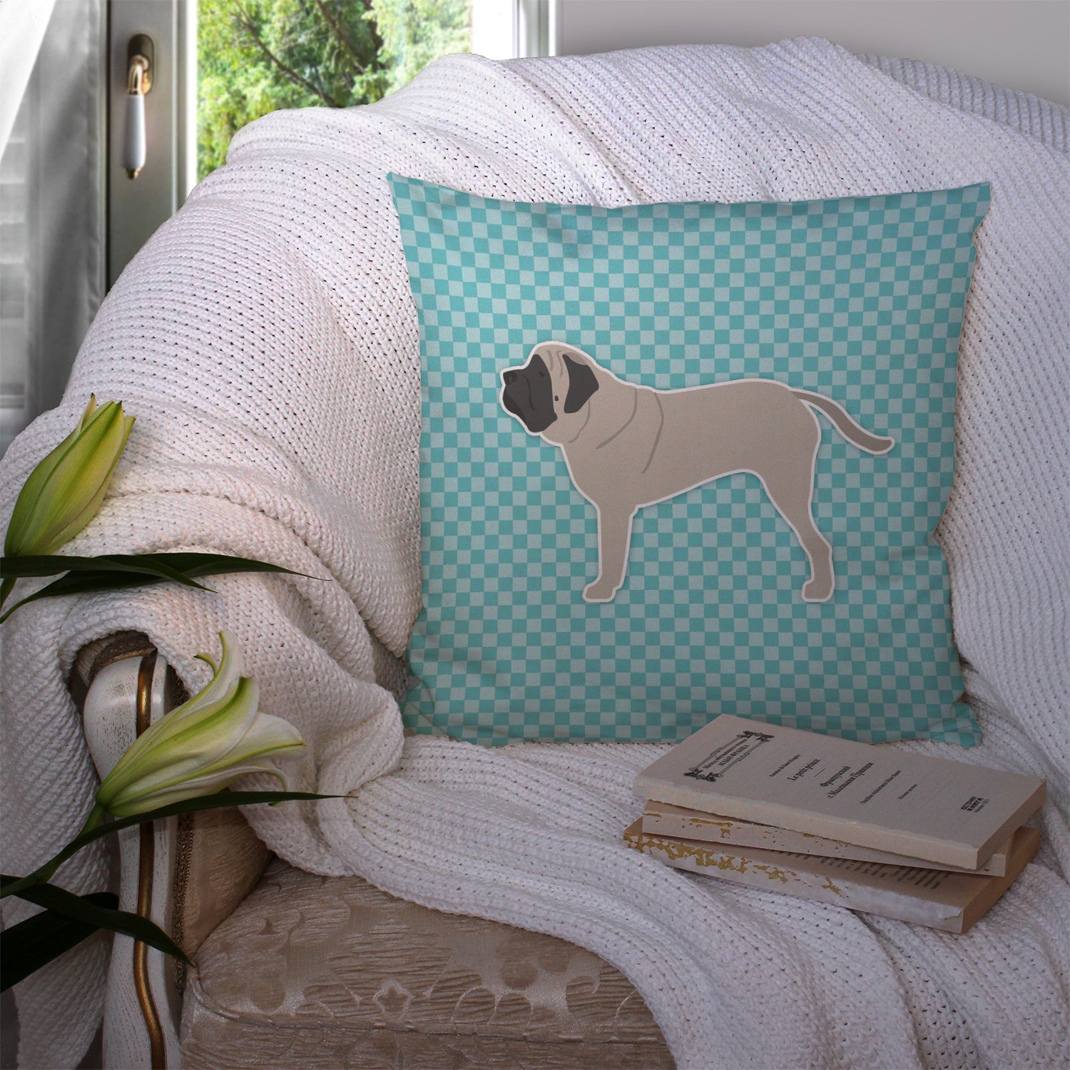 English Mastiff Checkerboard Blue Fabric Decorative Pillow BB3756PW1414 - the-store.com