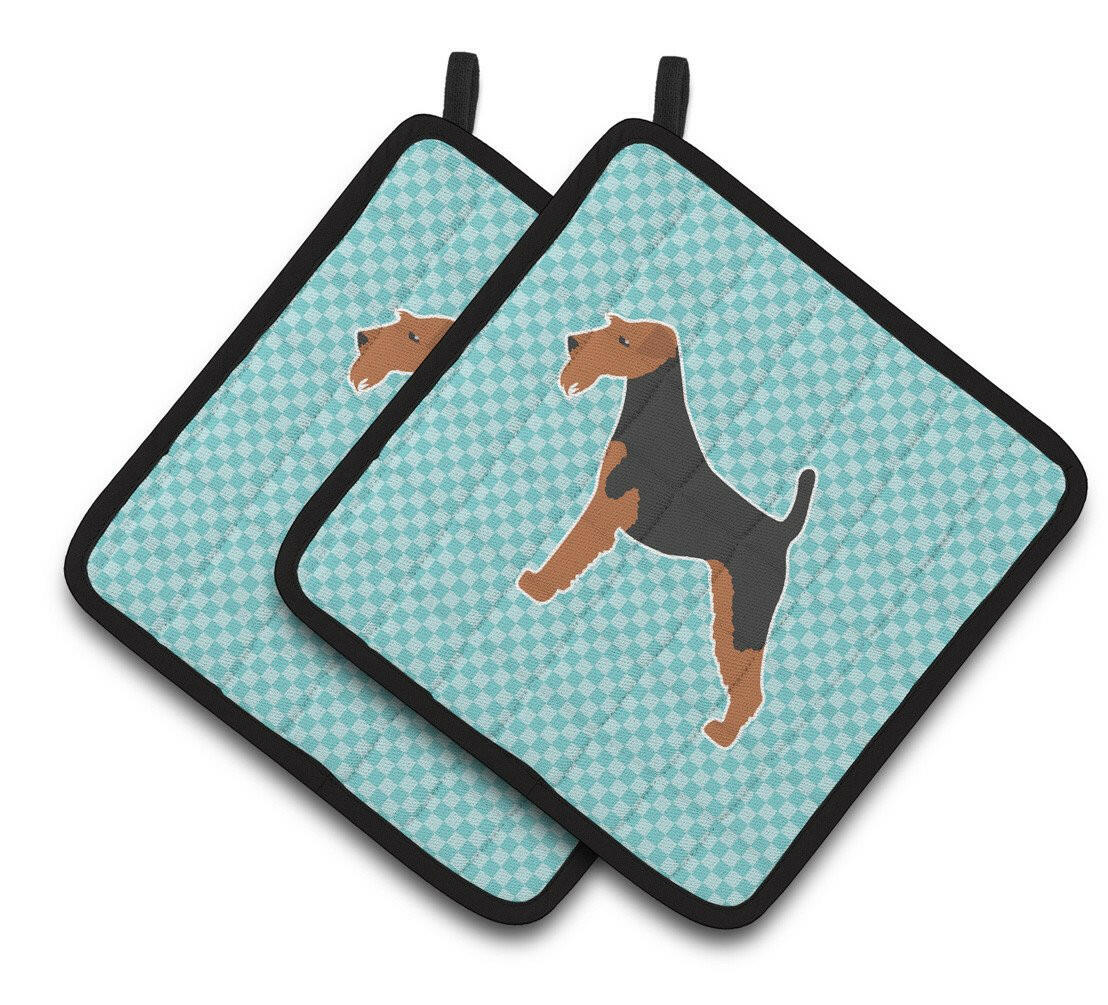 Airedale Terrier Checkerboard Blue Pair of Pot Holders BB3757PTHD by Caroline&#39;s Treasures