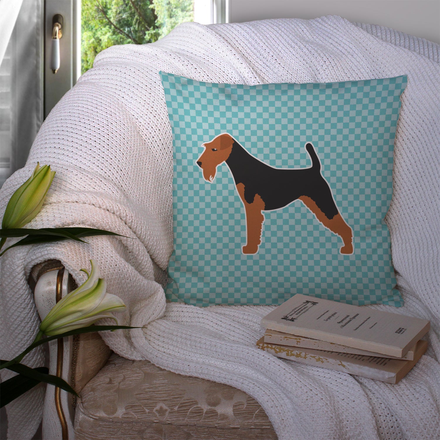 Airedale Terrier Checkerboard Blue Fabric Decorative Pillow BB3757PW1414 - the-store.com
