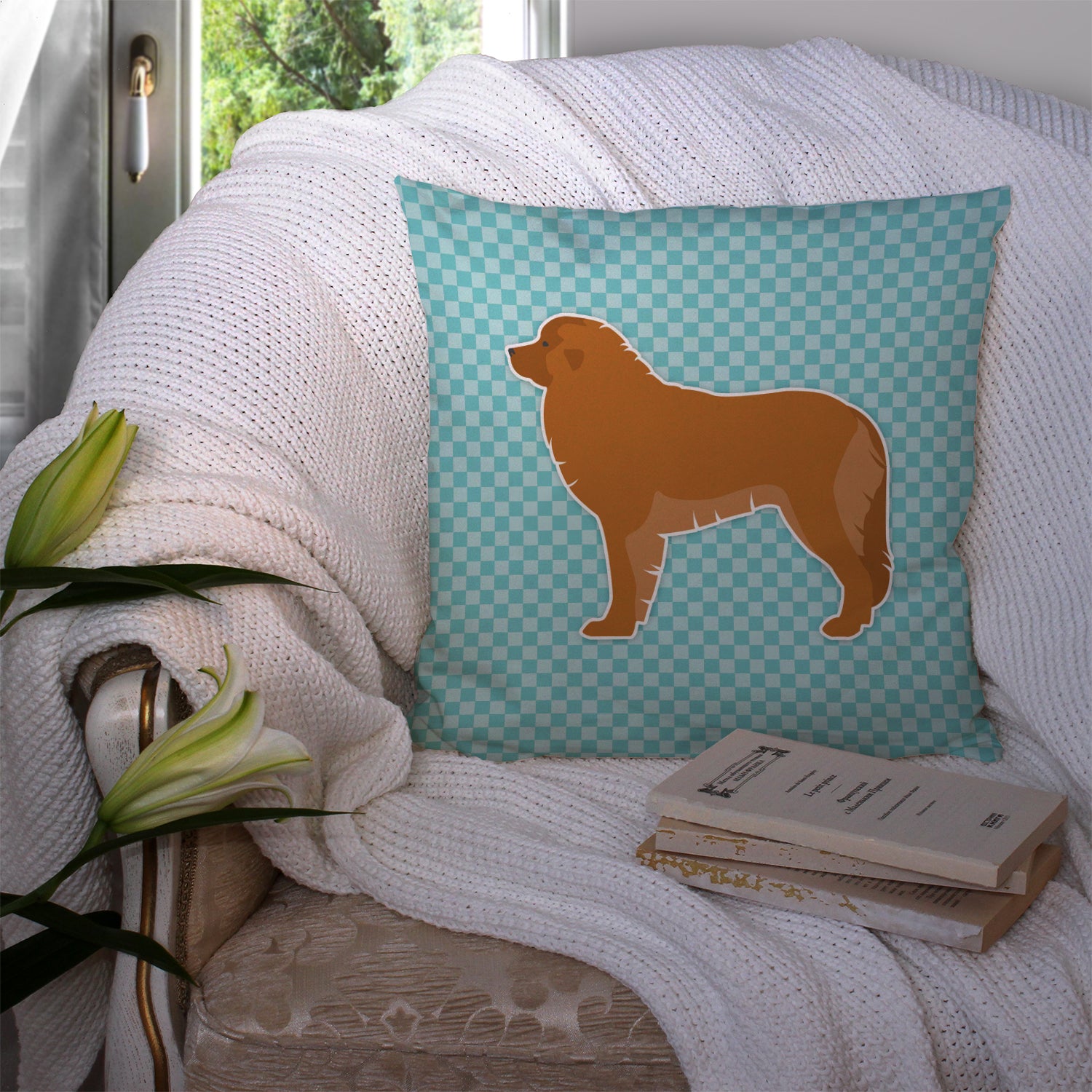 Leonberger Checkerboard Blue Fabric Decorative Pillow BB3758PW1414 - the-store.com