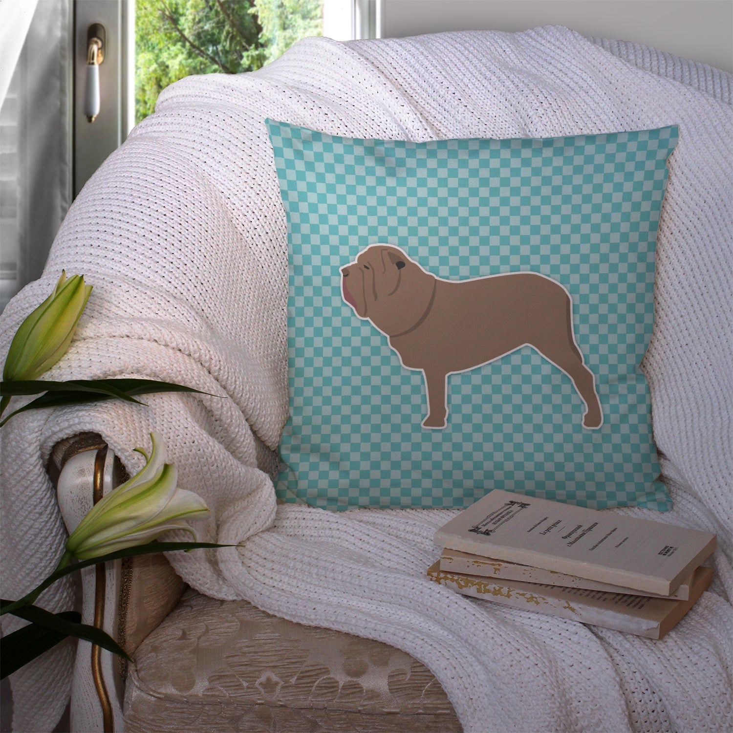 Neapolitan Mastiff Checkerboard Blue Fabric Decorative Pillow BB3765PW1414 - the-store.com
