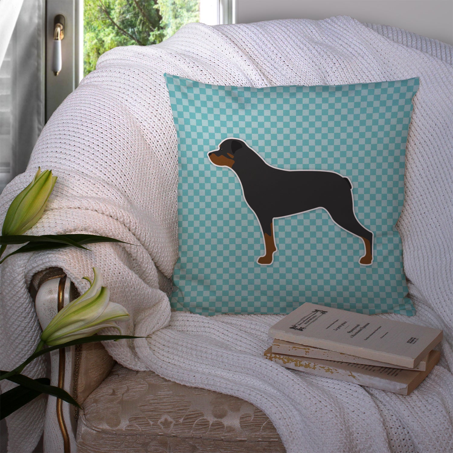 Rottweiler Checkerboard Blue Fabric Decorative Pillow BB3766PW1414 - the-store.com