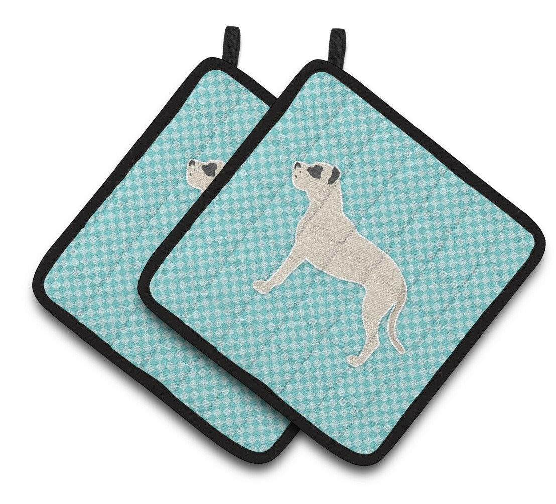 Dogo Argentino Checkerboard Blue Pair of Pot Holders BB3767PTHD by Caroline&#39;s Treasures