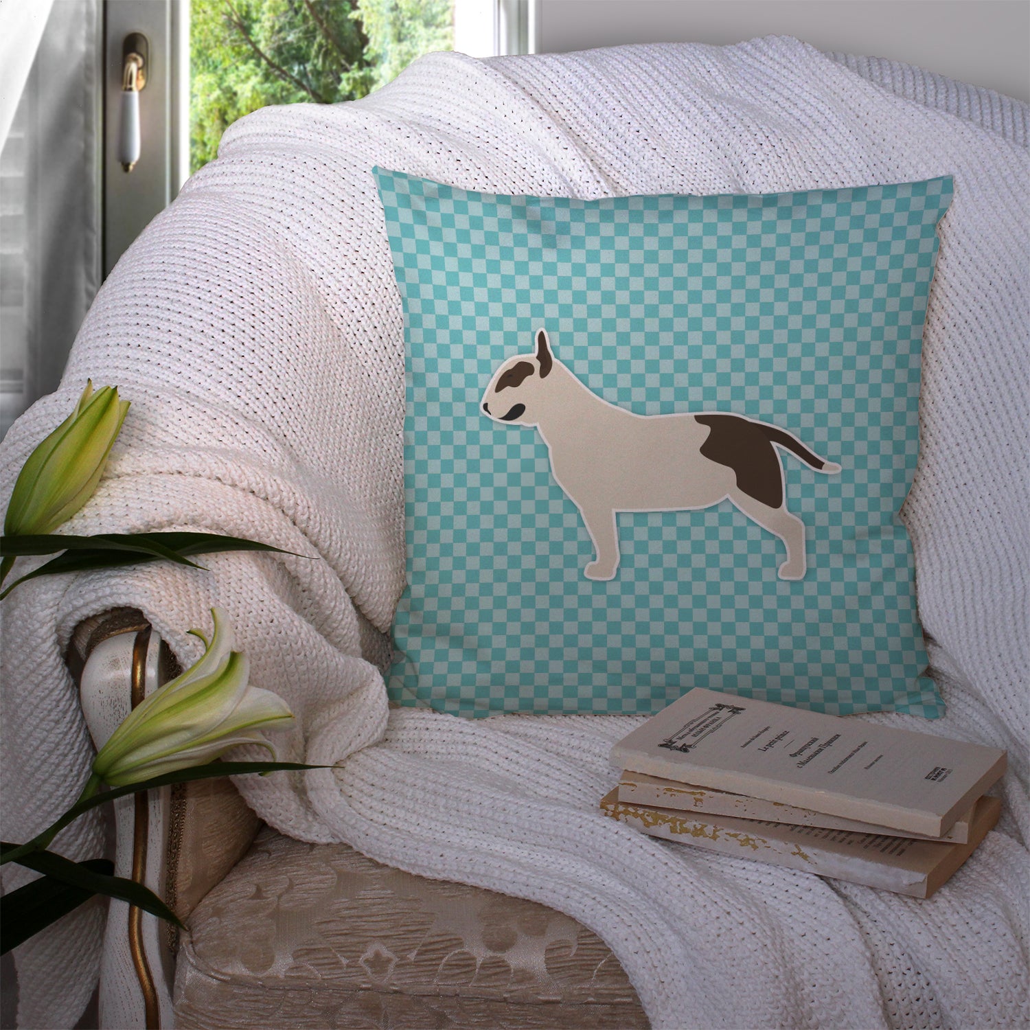 Bull Terrier Checkerboard Blue Fabric Decorative Pillow BB3778PW1414 - the-store.com