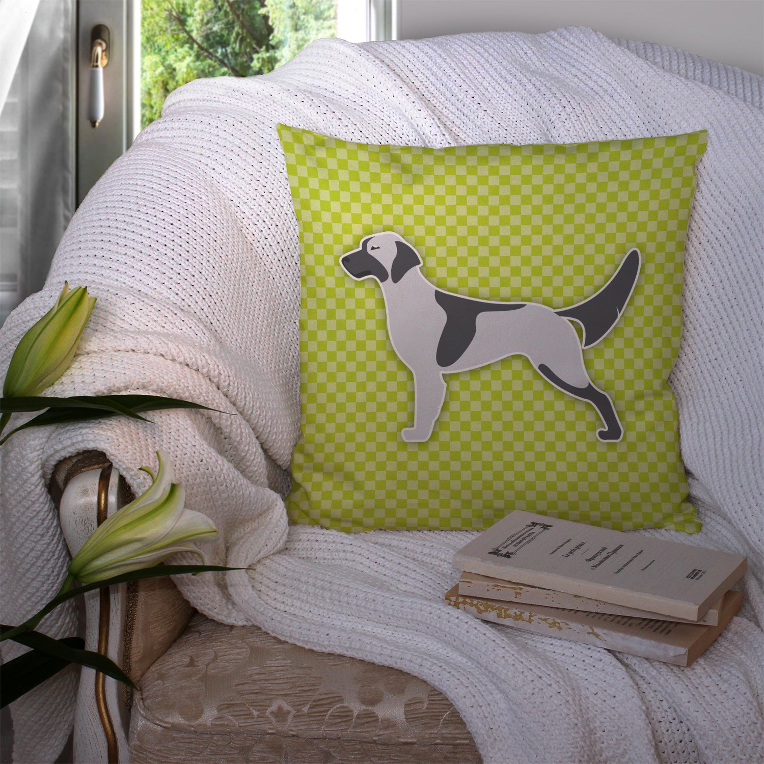 English Setter Checkerboard Green Fabric Decorative Pillow BB3781PW1414 - the-store.com