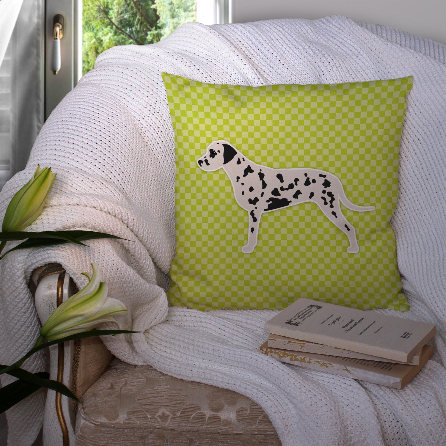Dalmatian Checkerboard Green Fabric Decorative Pillow BB3783PW1414 - the-store.com