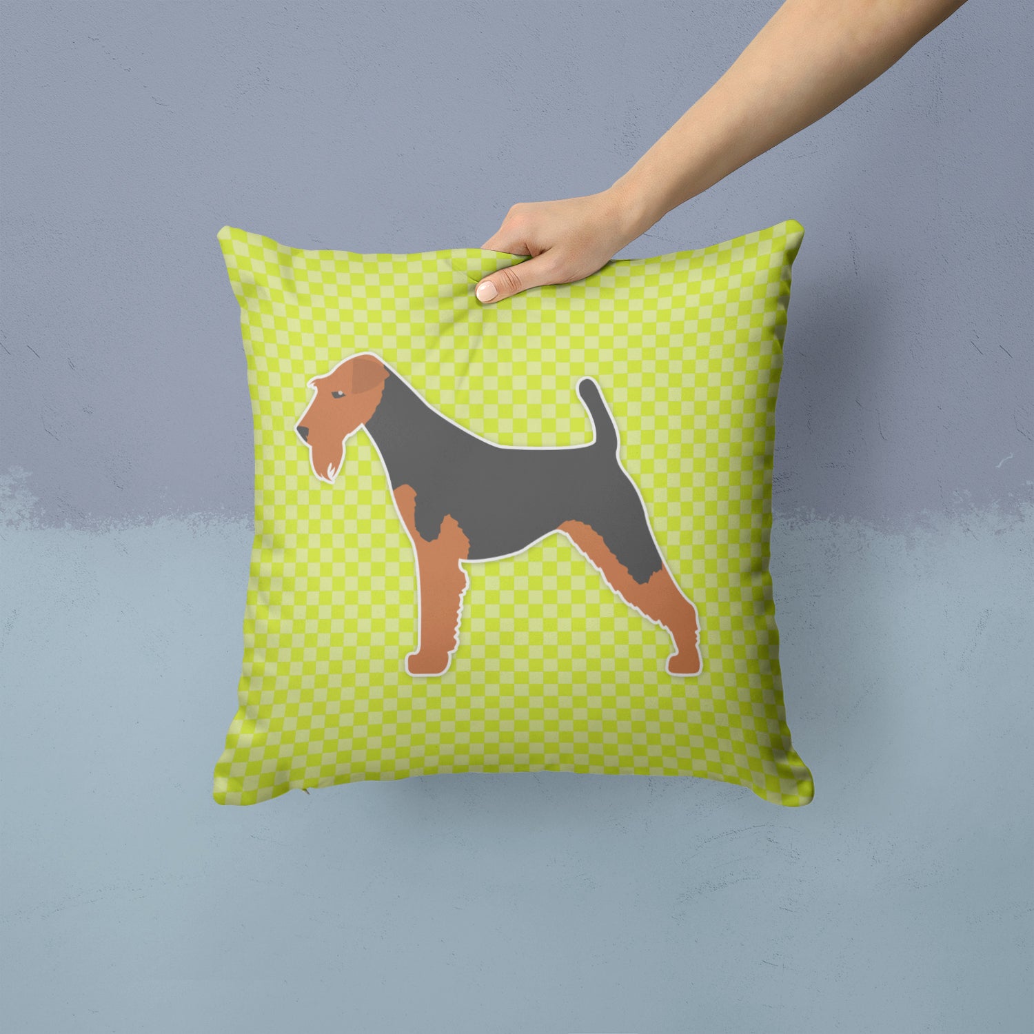 Welsh Terrier Checkerboard Green Fabric Decorative Pillow BB3785PW1414 - the-store.com