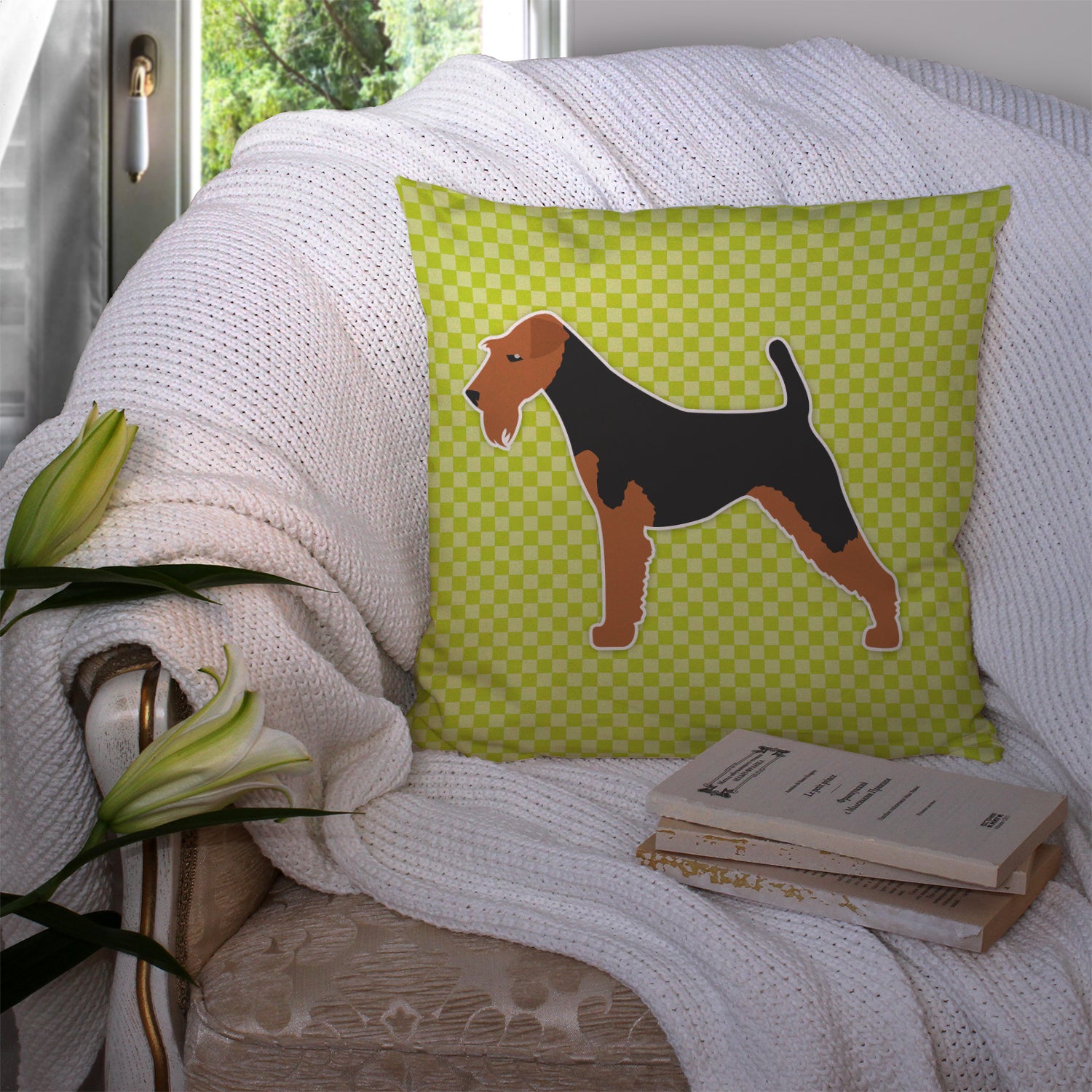 Welsh Terrier Checkerboard Green Fabric Decorative Pillow BB3785PW1414 - the-store.com