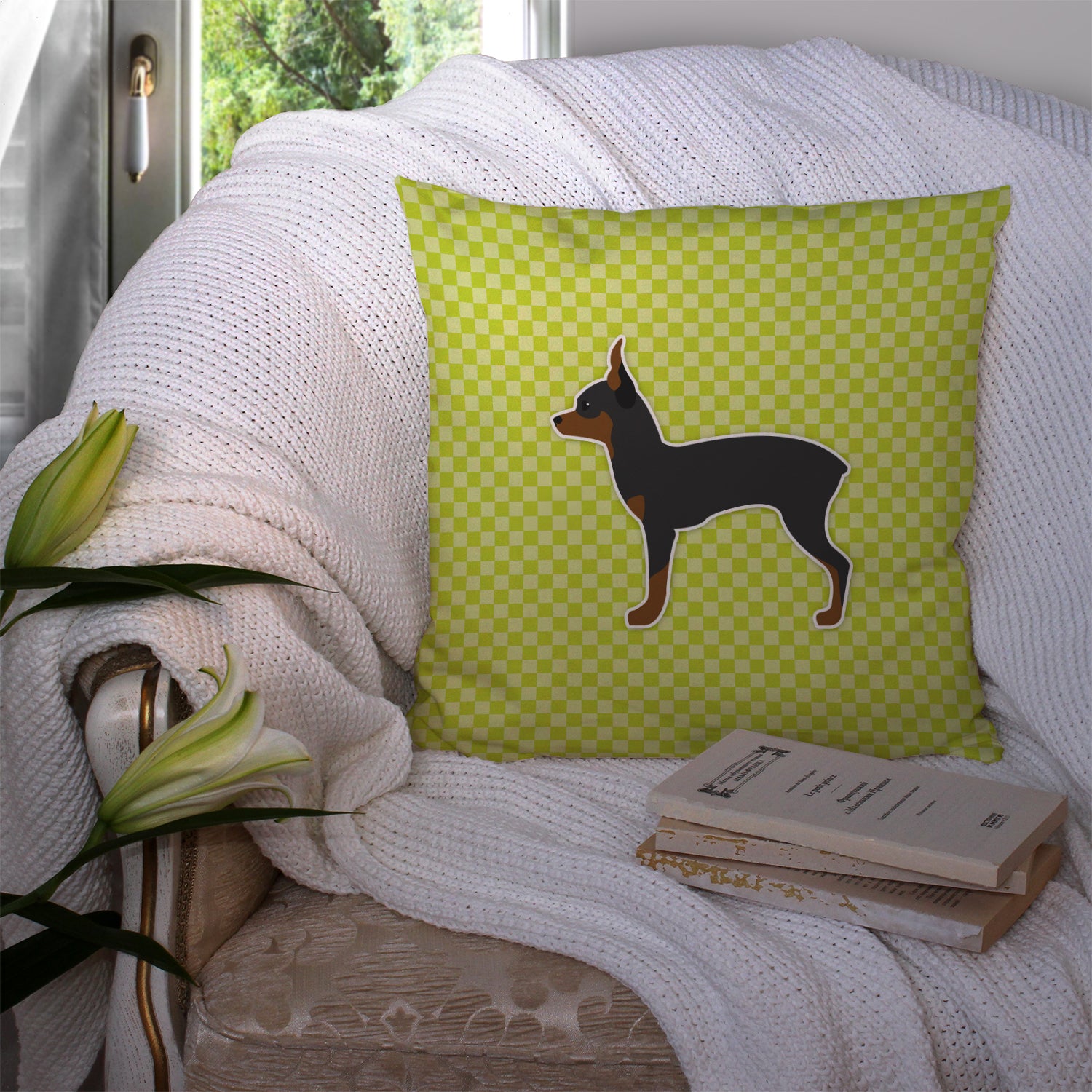 Toy Fox Terrier Checkerboard Green Fabric Decorative Pillow BB3787PW1414 - the-store.com