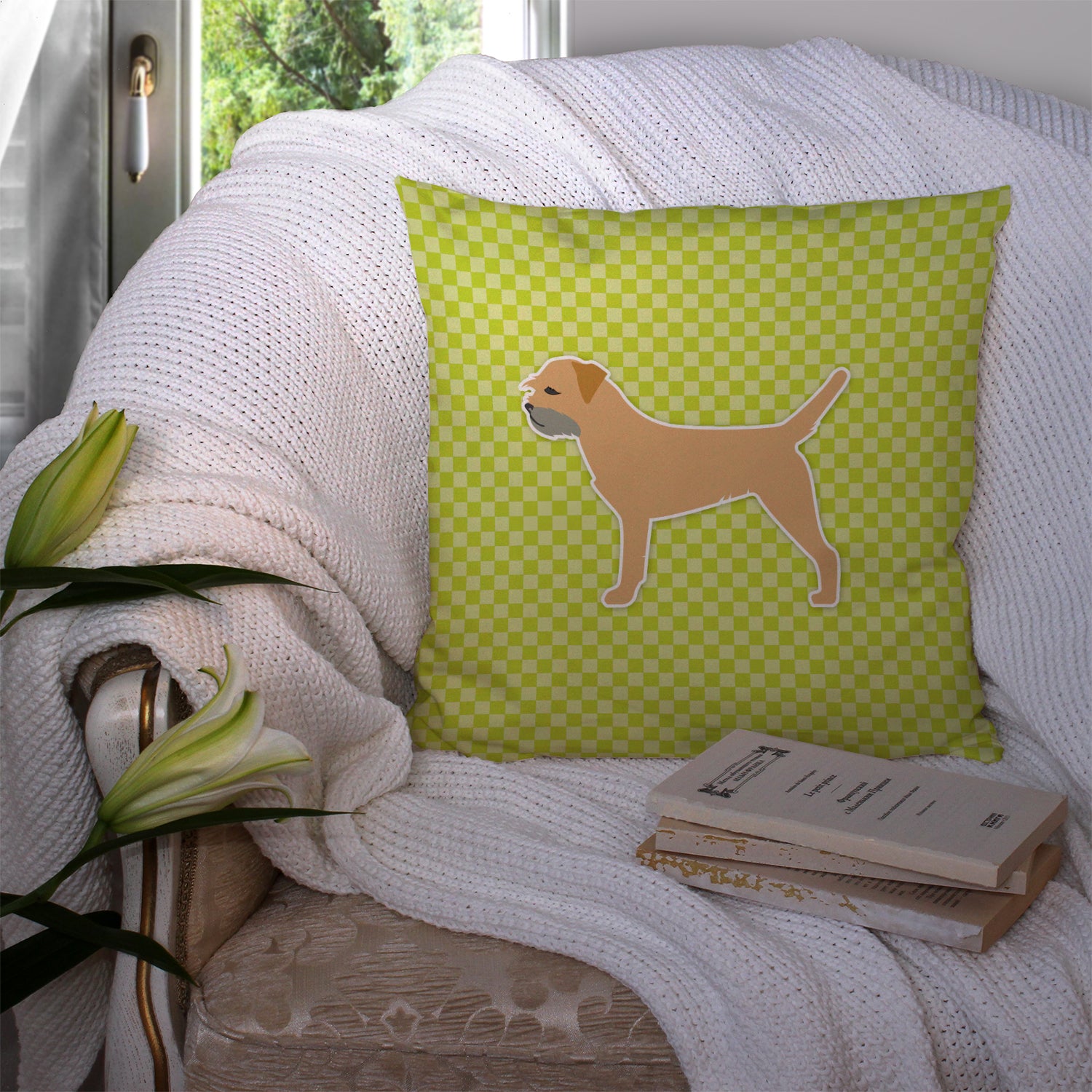 Border Terrier Checkerboard Green Fabric Decorative Pillow BB3789PW1414 - the-store.com