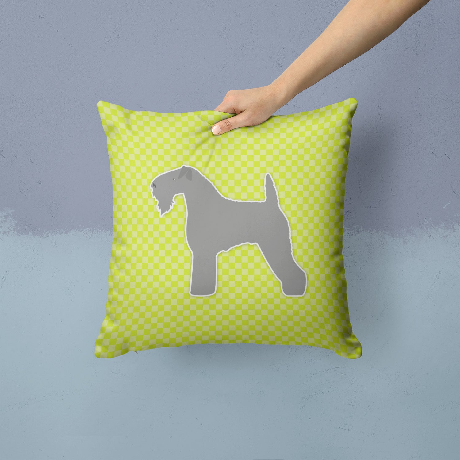 Kerry Blue Terrier Checkerboard Green Fabric Decorative Pillow BB3792PW1414 - the-store.com