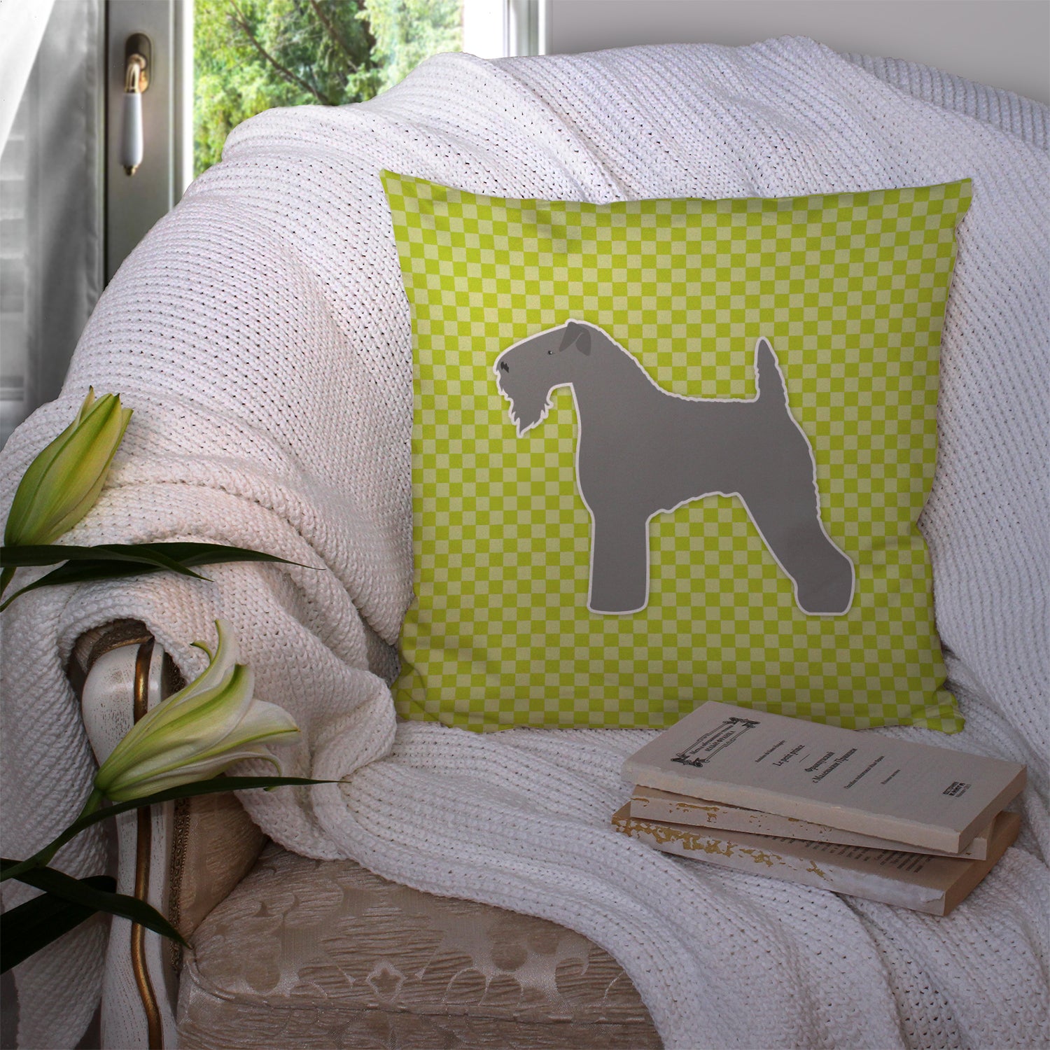 Kerry Blue Terrier Checkerboard Green Fabric Decorative Pillow BB3792PW1414 - the-store.com