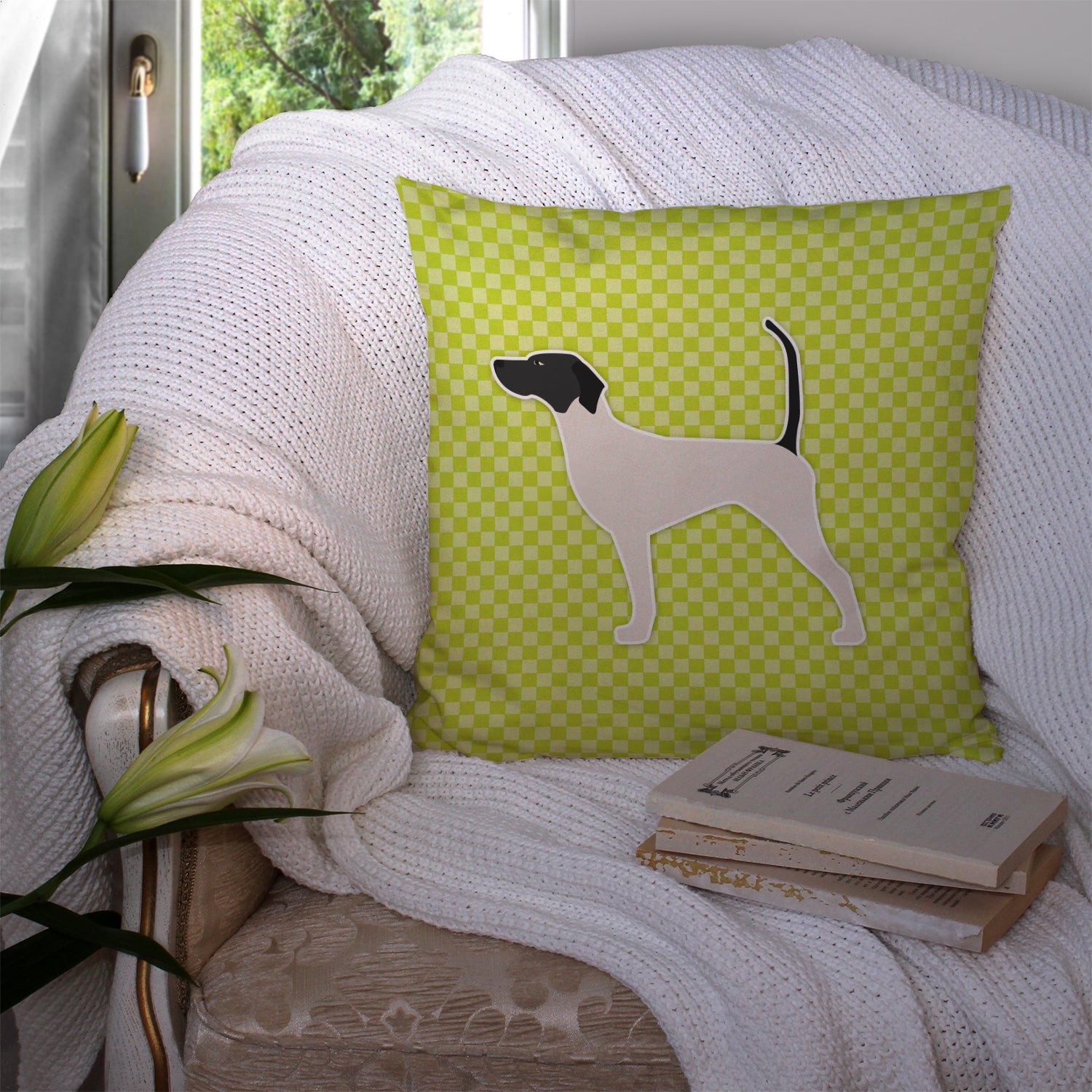 English Pointer Checkerboard Green Fabric Decorative Pillow BB3795PW1414 - the-store.com