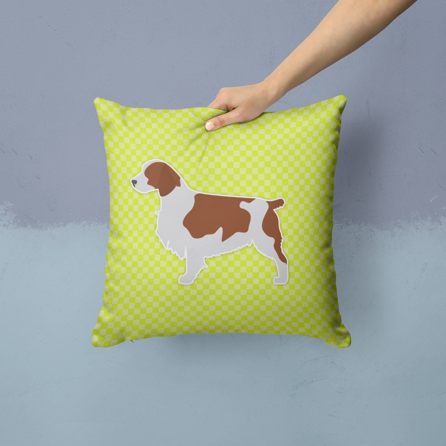Welsh Springer Spaniel Checkerboard Green Fabric Decorative Pillow BB3800PW1414 - the-store.com