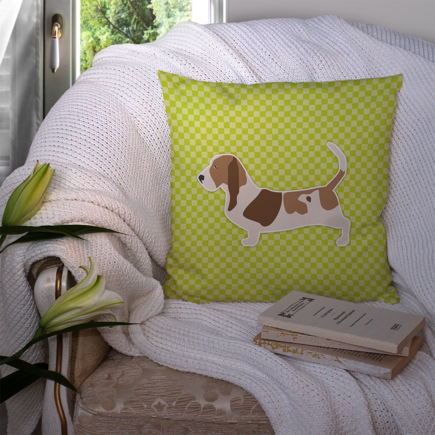 Basset Hound Checkerboard Green Fabric Decorative Pillow BB3802PW1414 - the-store.com
