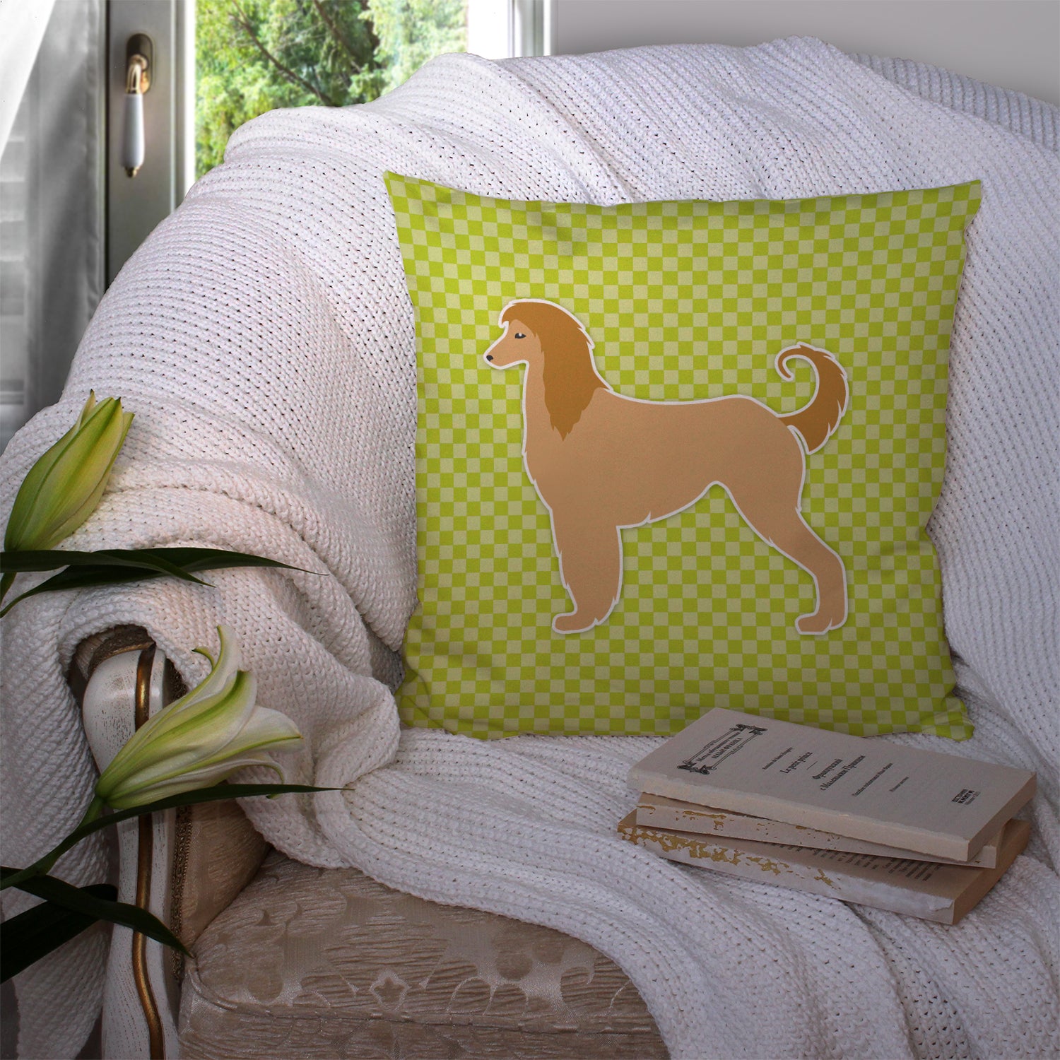 Afghan Hound Checkerboard Green Fabric Decorative Pillow BB3806PW1414 - the-store.com